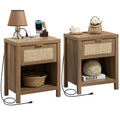 SICOTAS Rattan Nightstand Set of 2, Farmhouse Night Stands with Charging Station Bedside Table with Drawer, Boho End Table with 