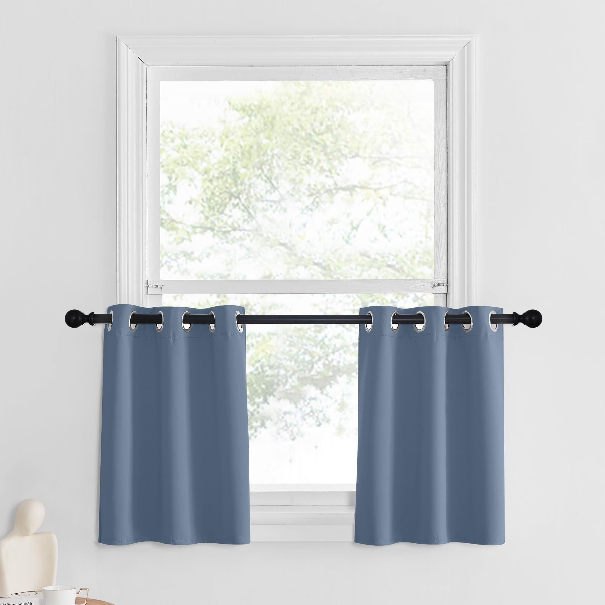 NICETOWN Stone Blue Blackout Valances for Windows Treatment 24 Inch Length Solid Thermal Insulated Grommet Top for Bedroom and B