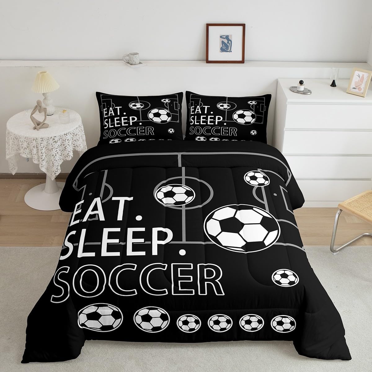 Feelyou Full Size Soccer Comforter Set Boys Girls Football Bedding Set for Kids Teens Toddler Black White Duvet Set Soccer Ball 