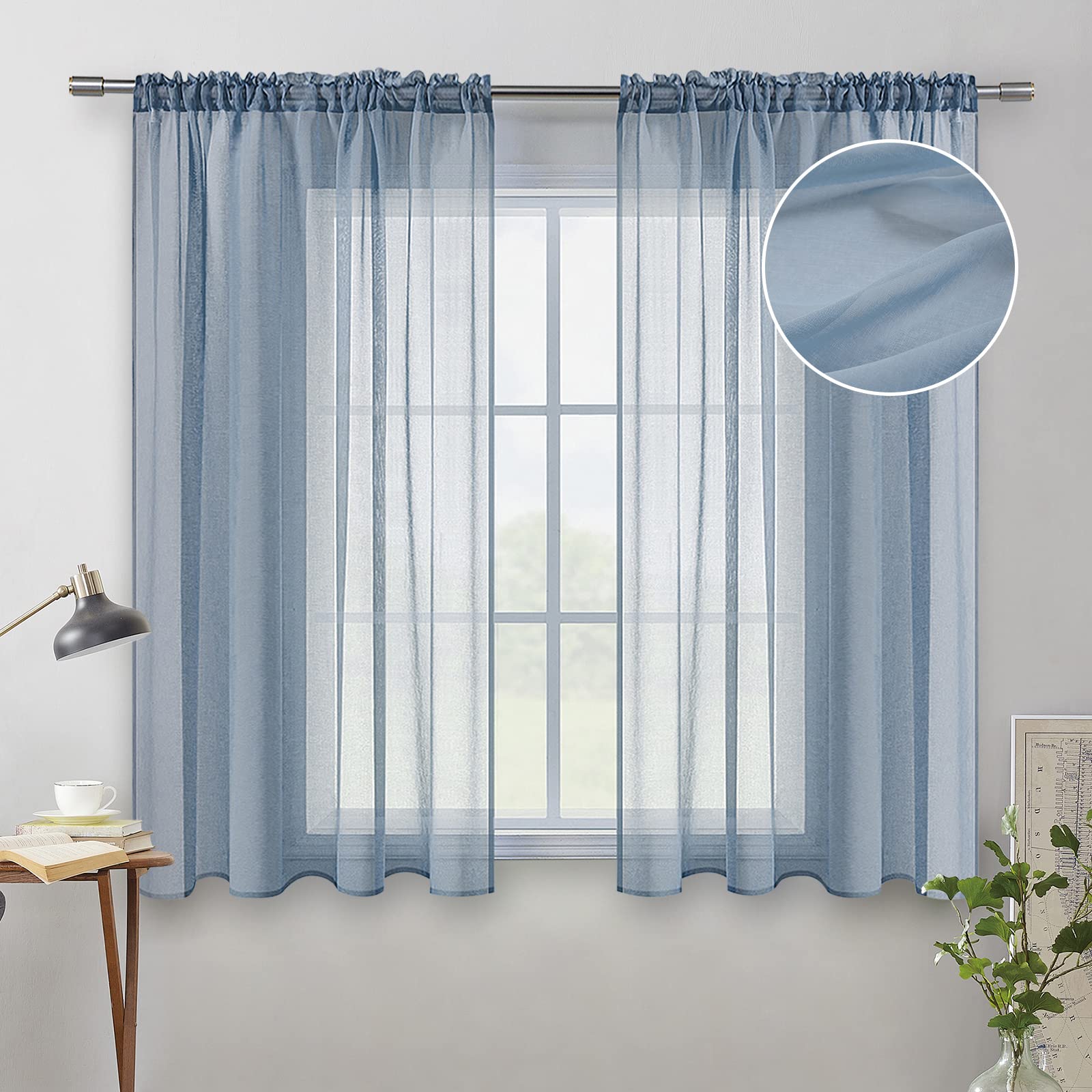 MIULEE Dusty Blue Linen Textured Sheer Curtains for Kitchen/Bedroom/Living Room Semi Transparent Voile Drapes Farmhouse Short Wi