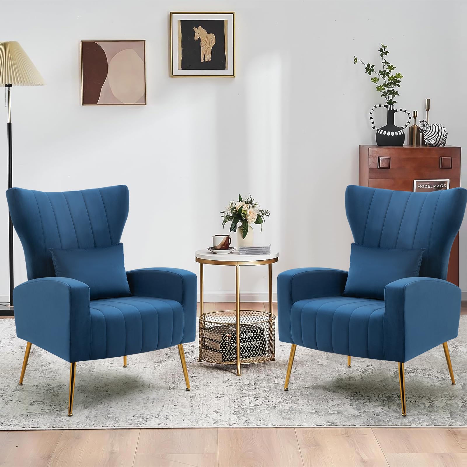 ZJhome Living Room Chairs Set of 2 Modern Velvet Accent Chairs with Lumbar Pillow, High Back Armchair Arm Chairs with Gold Metal