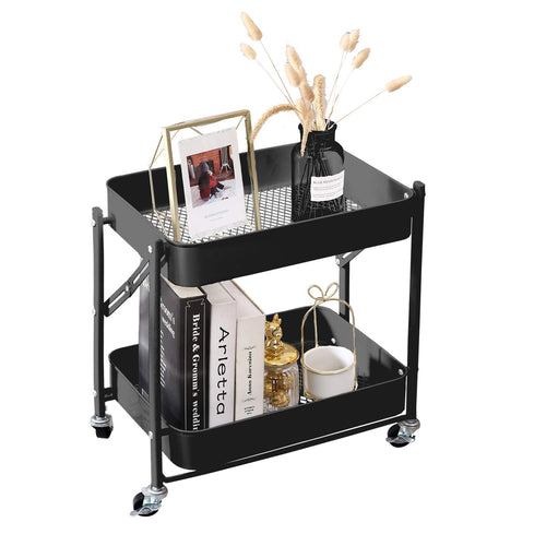 2-Tier Metal Folding Rolling Cart, Mobile Utility Cart Trolley Storage Organizer for Office Home Kitchen Organization, Sofa Side