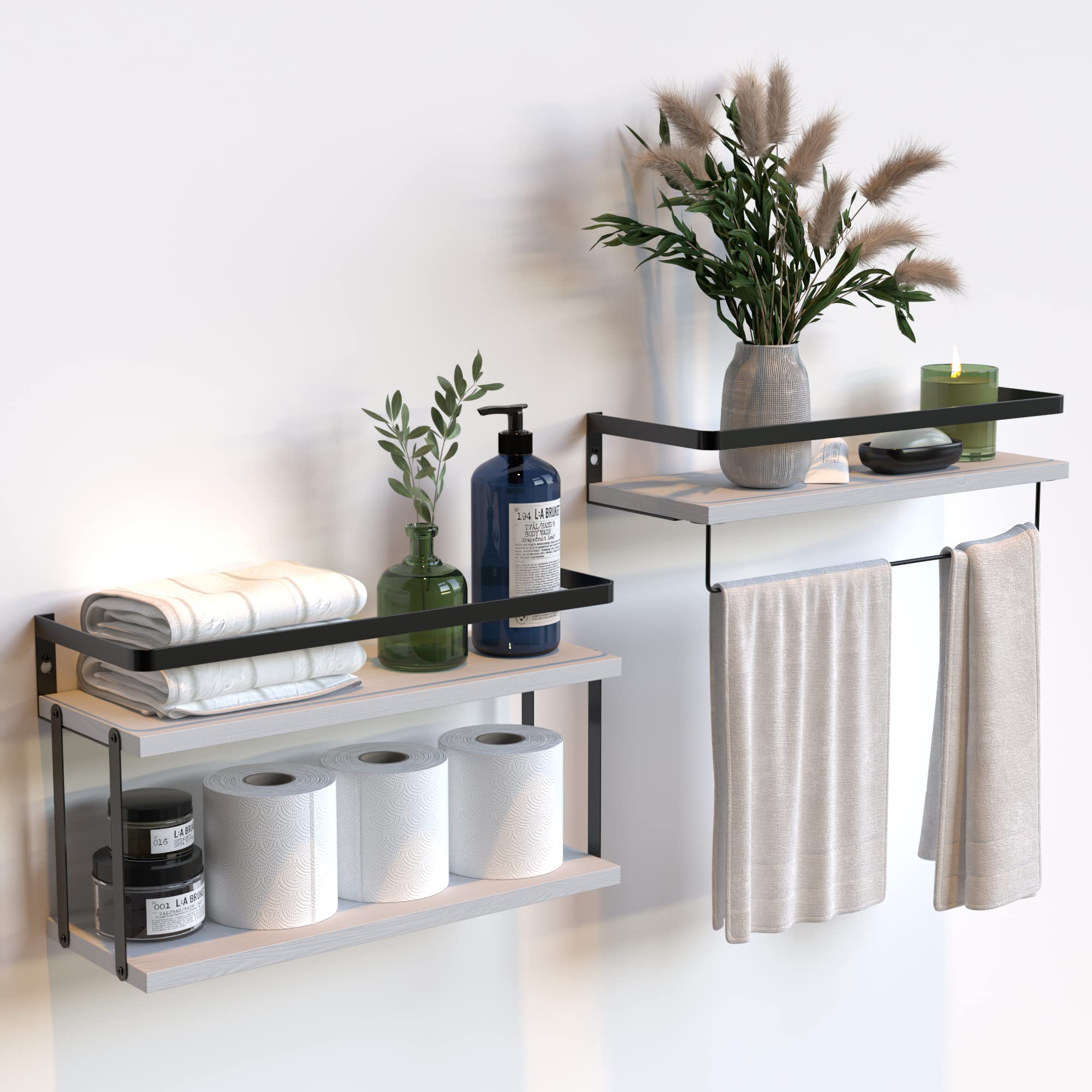 RICHER HOUSE 2+1 Tier Wall Mounted Floating Shelves Set of 2, Rustic Wood Wall Shelf with Metal Frame, Extra Storage Rack for Ba
