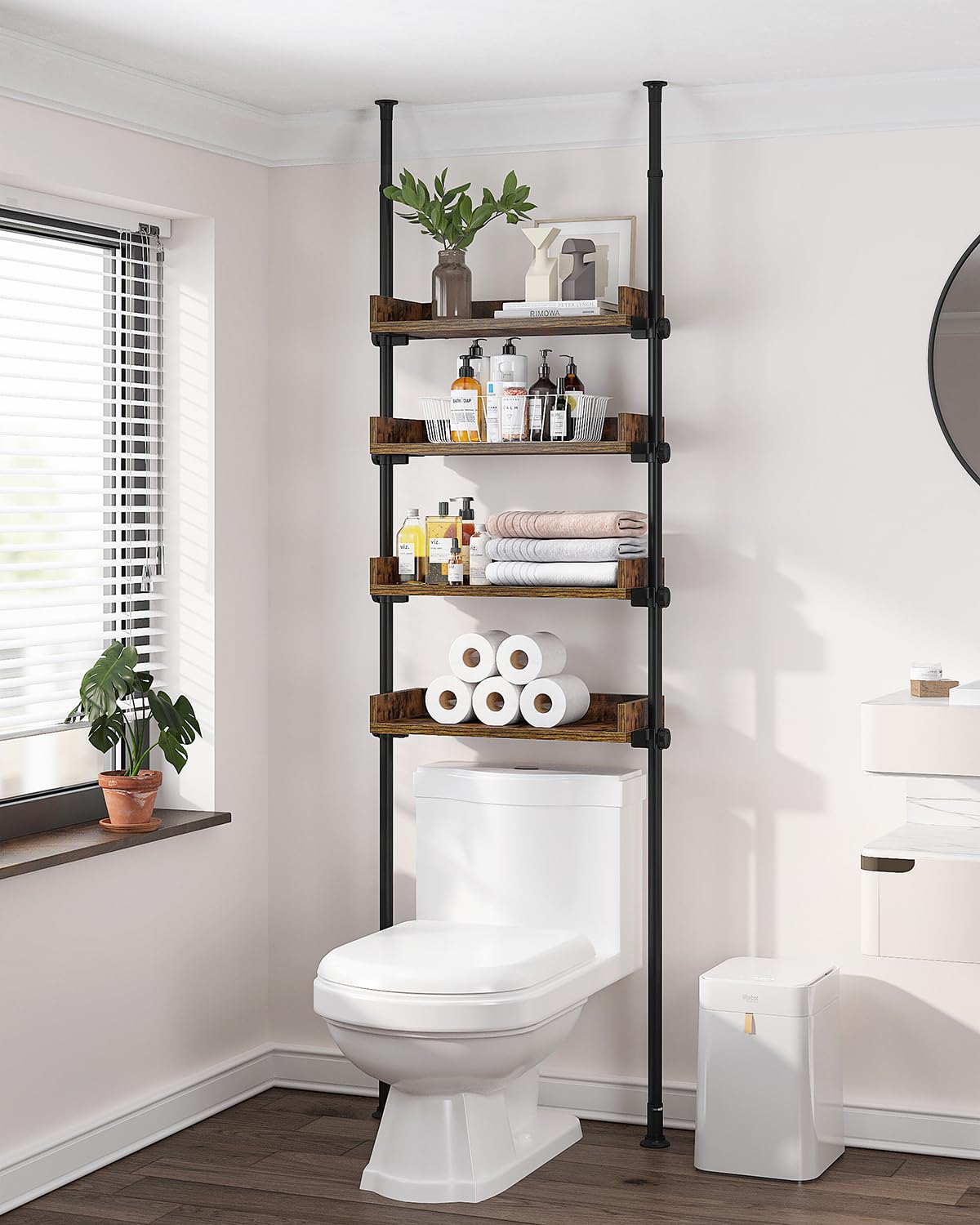 ALLZONE Bathroom Organizer, Over The Toilet Storage, 4-Tier Adjustable Wood Shelves for Small Rooms, Saver Space Rack, 92 to 116