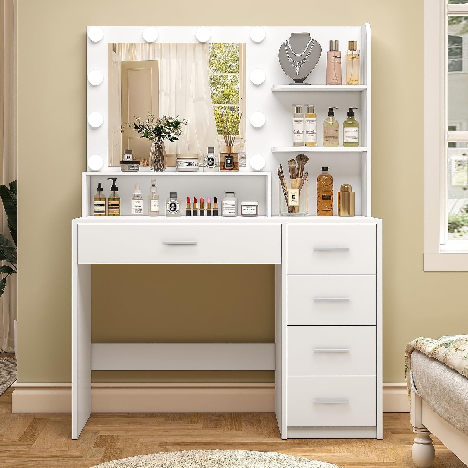 Quimoo Makeup Vanity Desk with Mirror & Lights, Vanity Desk with 5 Drawers & Storage Shelves, Vanity Table, 3 Color Modes & Adju