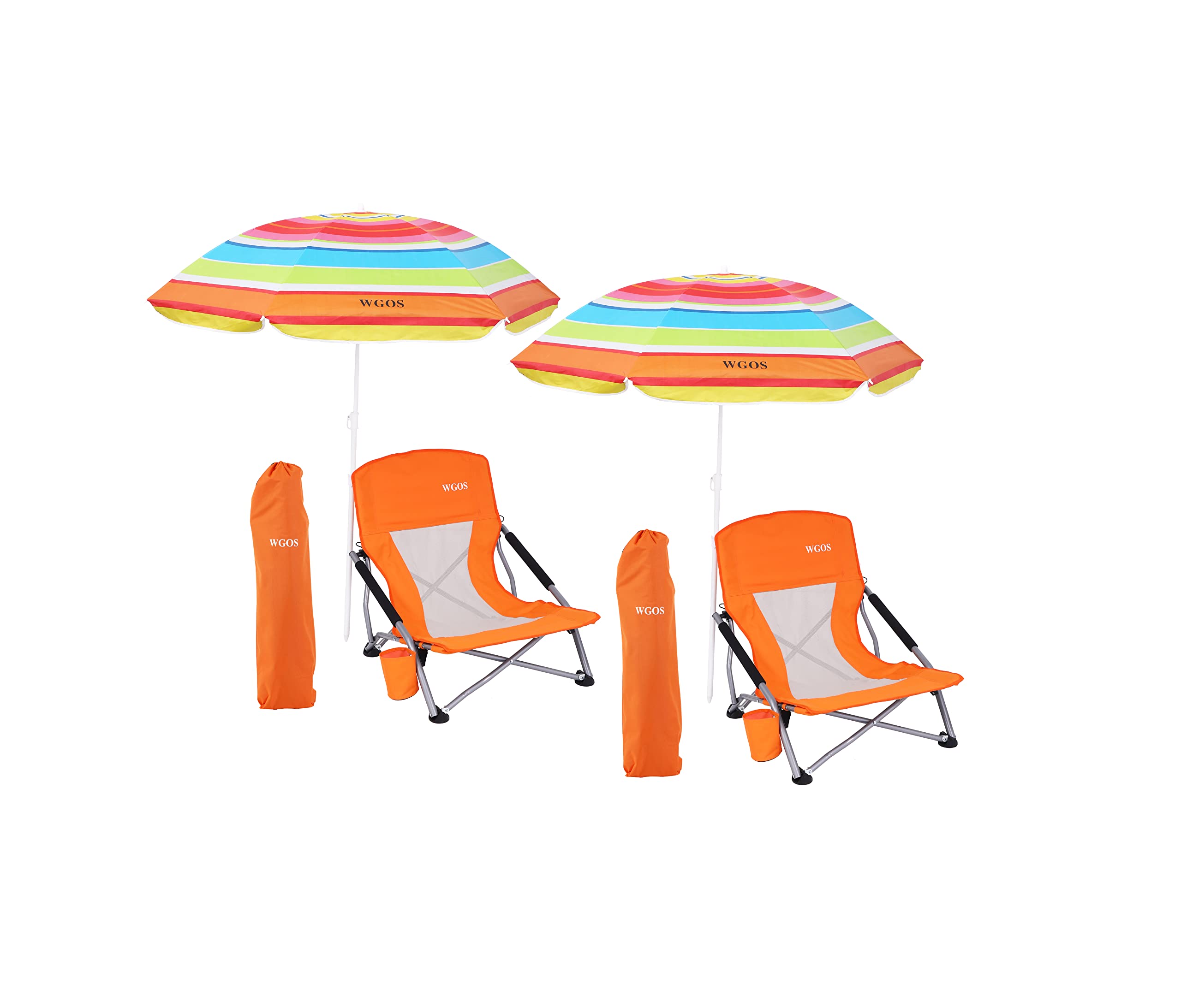 WGOS Low Beach Chair for Adults Beach Chair with Umbrella Folding Chair Detachable SPF 50+ Umbrella, Armrests, Cup Holder, Porta