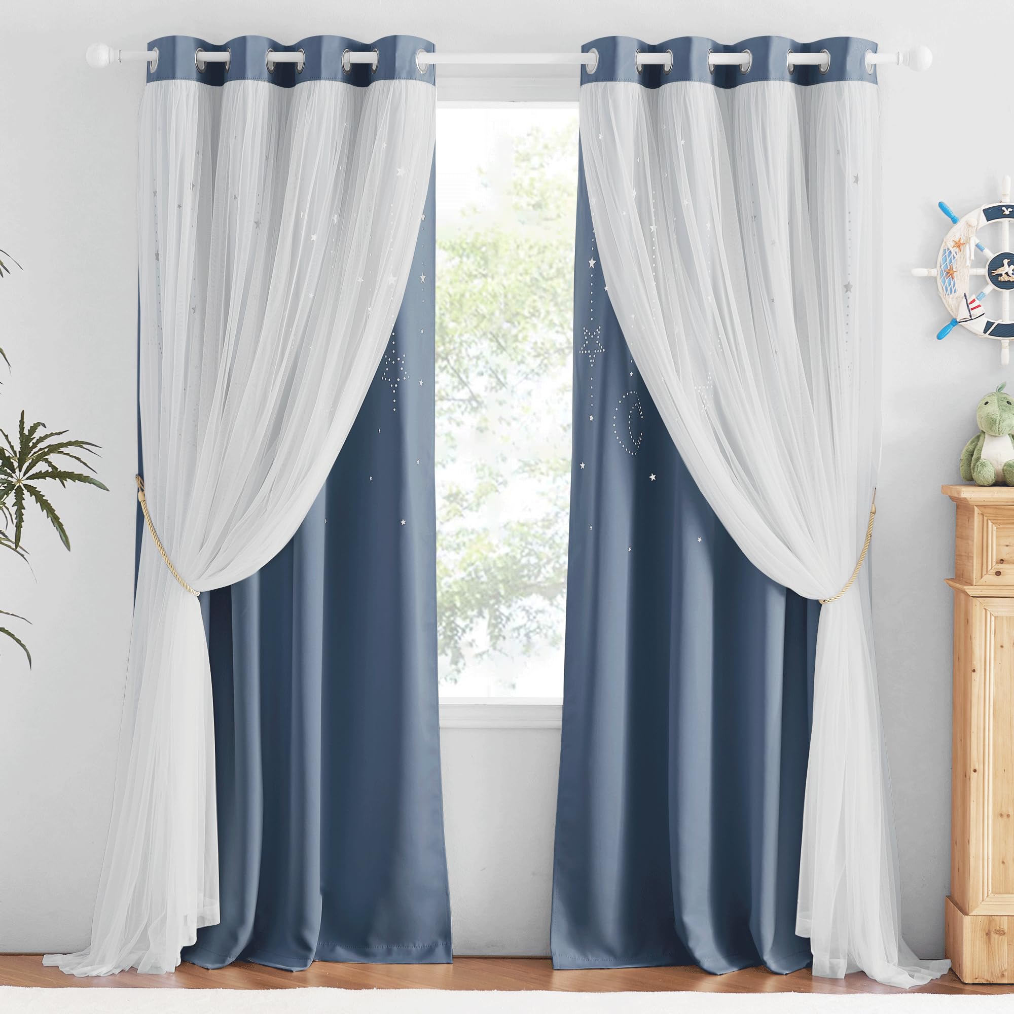 NICETOWN Curtains for Girls Bedroom Kids Curtain Hollow-Out Star Moon Window Nursery Curtain 84 inches Length Grommet 2 Layers C