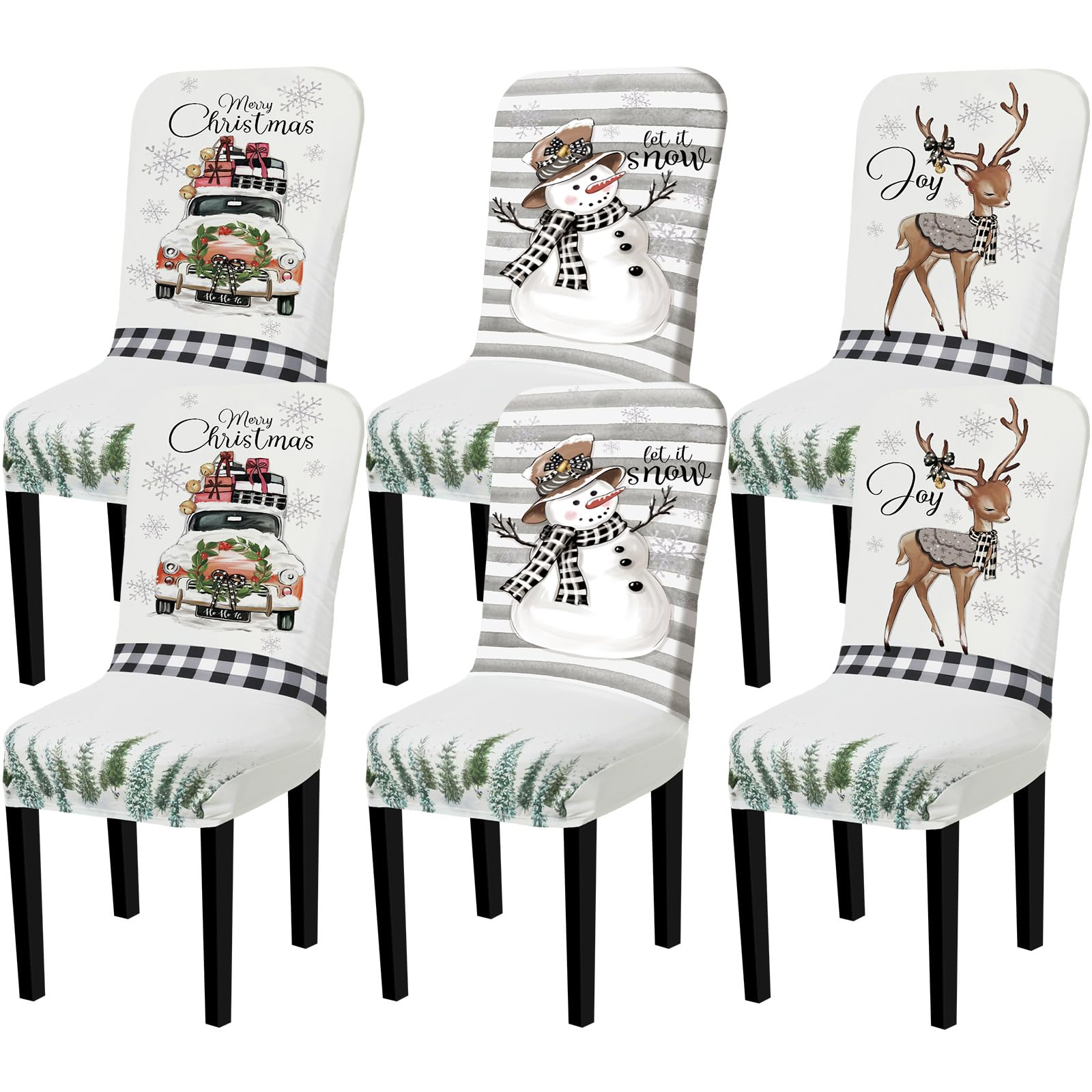 Preboun 6 Pcs Christmas Chair Covers Set Removable Washable Stretch Dining Room Chair Slipcovers Parson Chair Protector for Chri