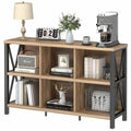 FATORRI 6 Cube Storage Organizer with Shelf, Long Wood and Metal Cubby Bookcase, Industrial Horizontal Bookshelf (Rustic Oak, 47
