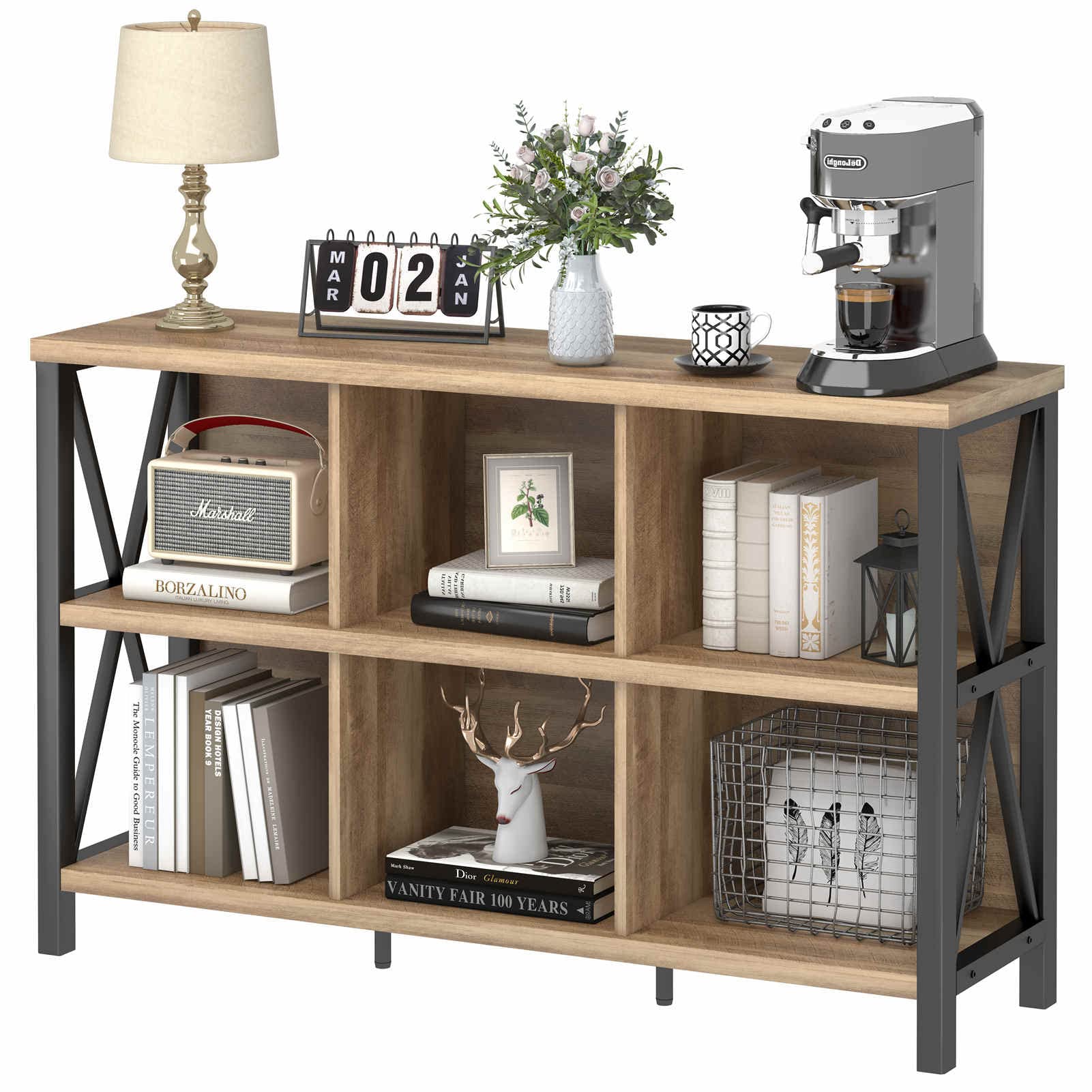 FATORRI 6 Cube Storage Organizer with Shelf, Long Wood and Metal Cubby Bookcase, Industrial Horizontal Bookshelf (Rustic Oak, 47
