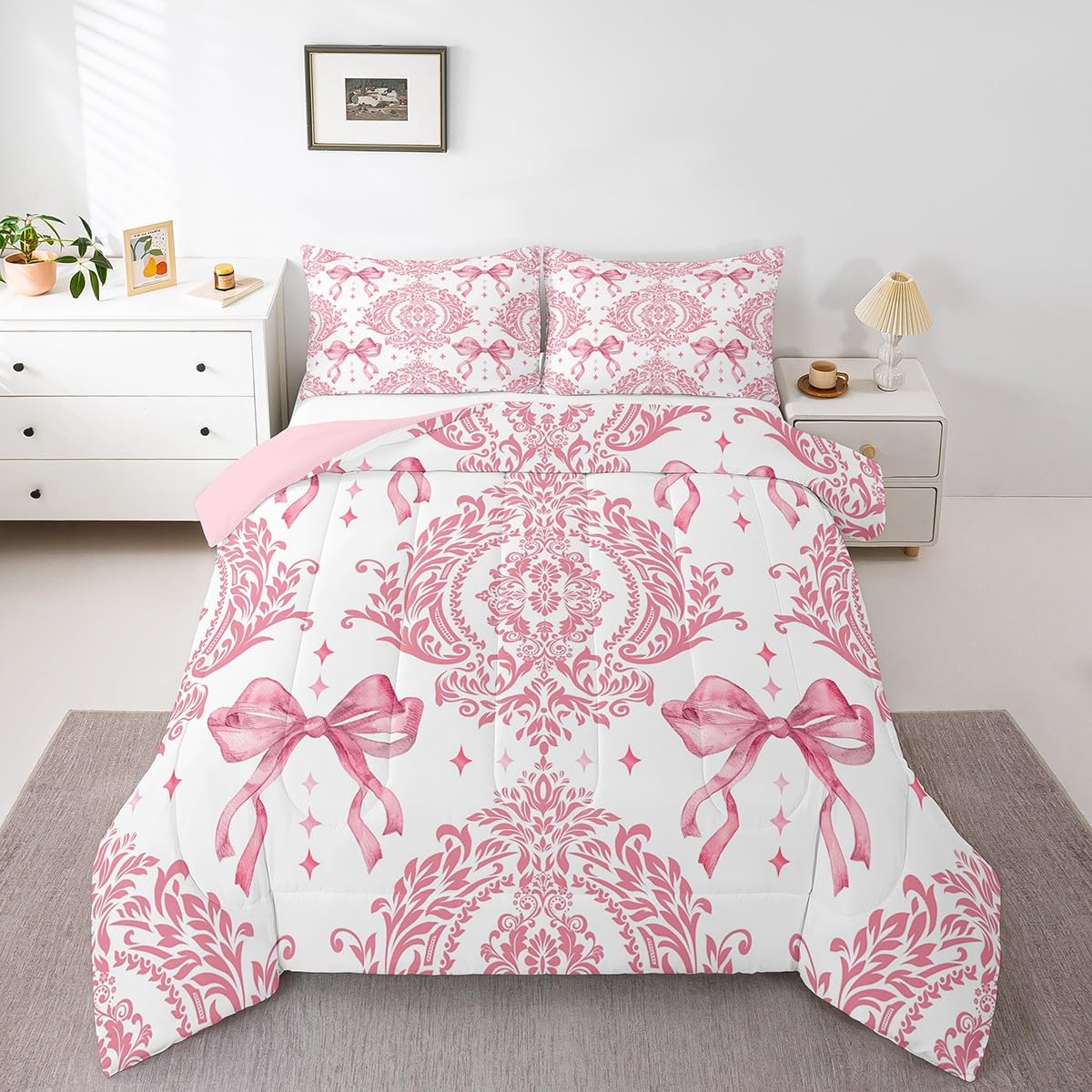 Feelyou Girls Pink Bowknot Comforter Set Full Size Gothic Damask Comforter Victorian-Themed Bedding Set Baroque Duvet Set Vintag