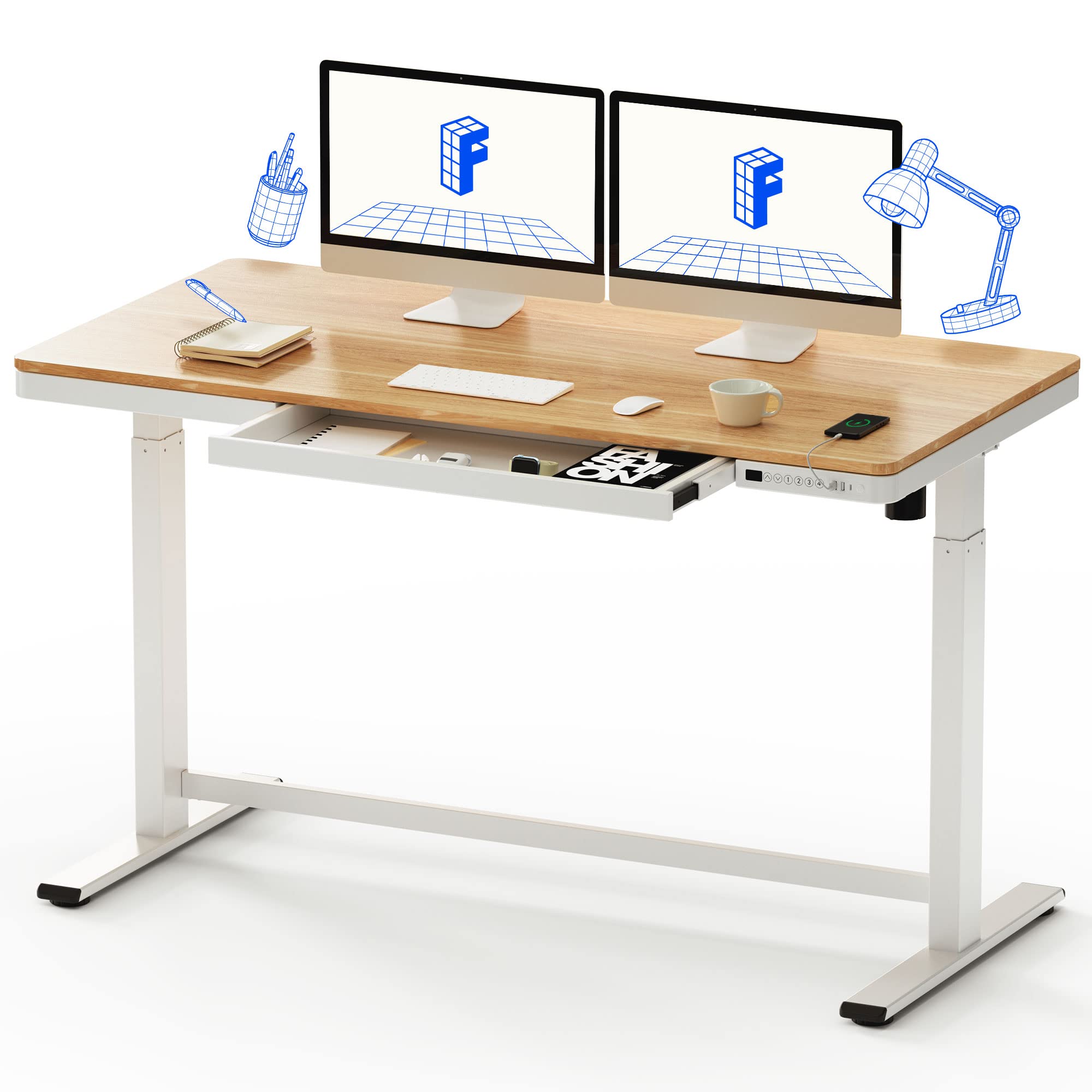 FLEXISPOT 55 Electric Standing Desk with Drawers, Quick Assembly Home Office Sit Stand Desk with Storage, USB Charging, Computer