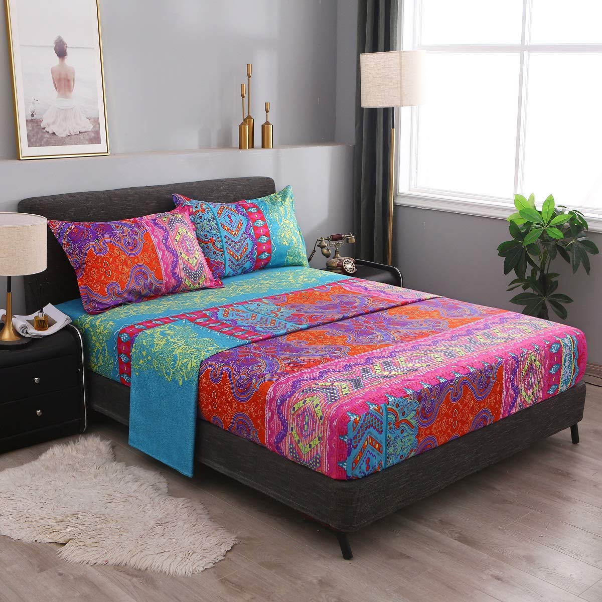 Pangzi Bohemian Retro Bedding Sheet Set,1 Fitted Sheet, 1 Flat, 1 Pillow Case - 3 Piece (Twin, Red)
