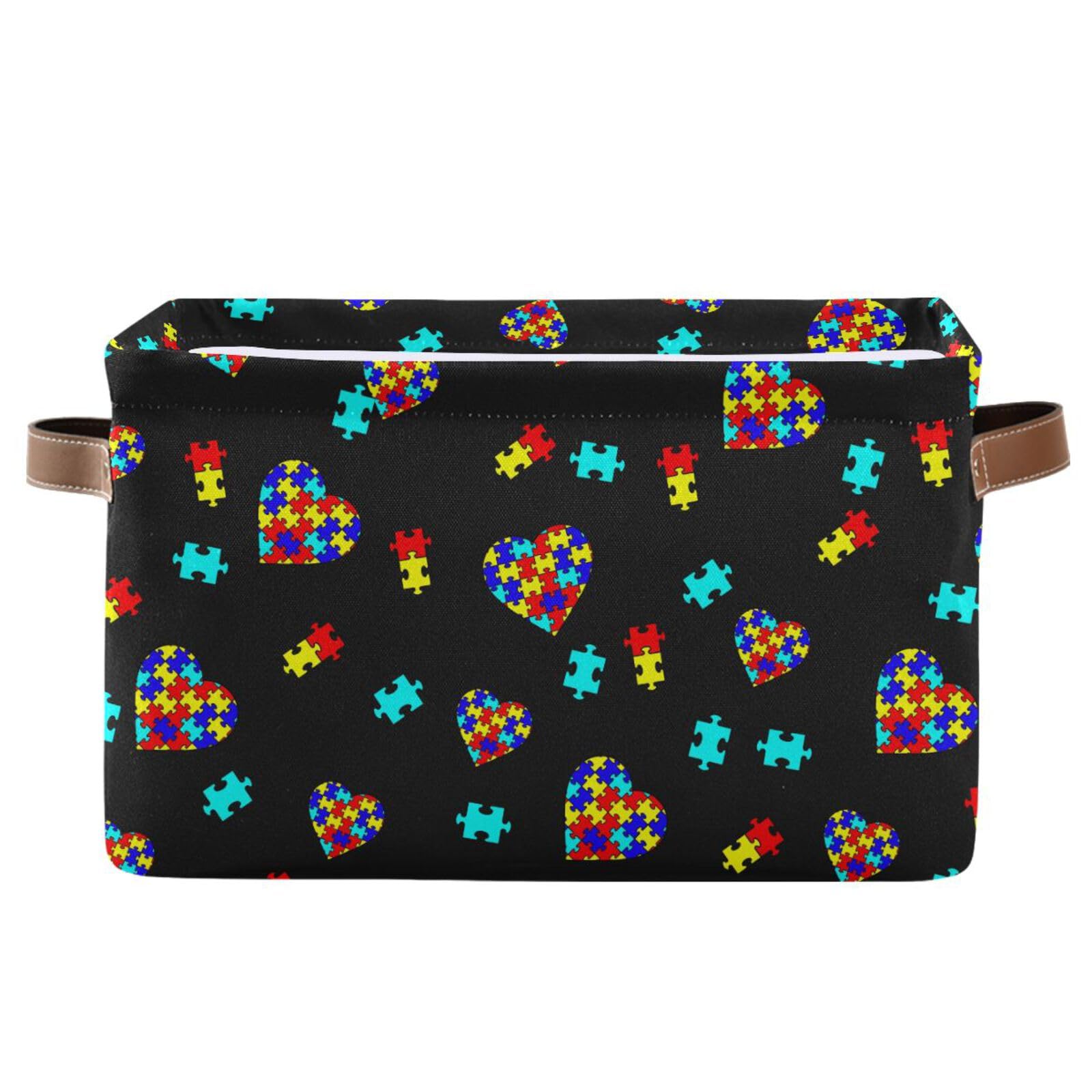 XUWU Multicolor Storage Basket Bin Autism Awareness Puzzle Pieces Heart Organizer Collapsible Shelf Cube with Handle for Nursery