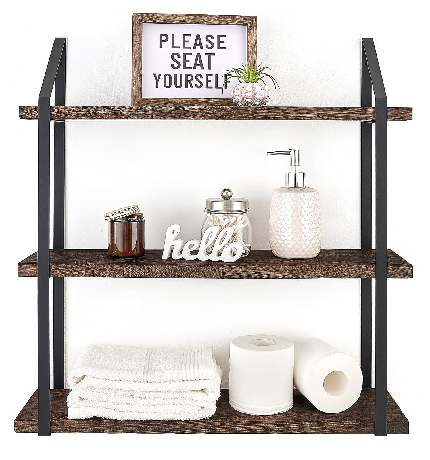 Mkono Floating Wall Shelf 3 Tier 23.5 Inch Rustic Wood Hanging Book Shelf Bathroom Mounted Shelving Storage Display Shelves for 