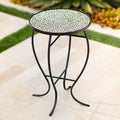 Teal Island Designs Zaltana Modern Black Metal Round Outdoor Accent Side Table 14 Wide Free-Form Mosaic Tile Tabletop Gracefully