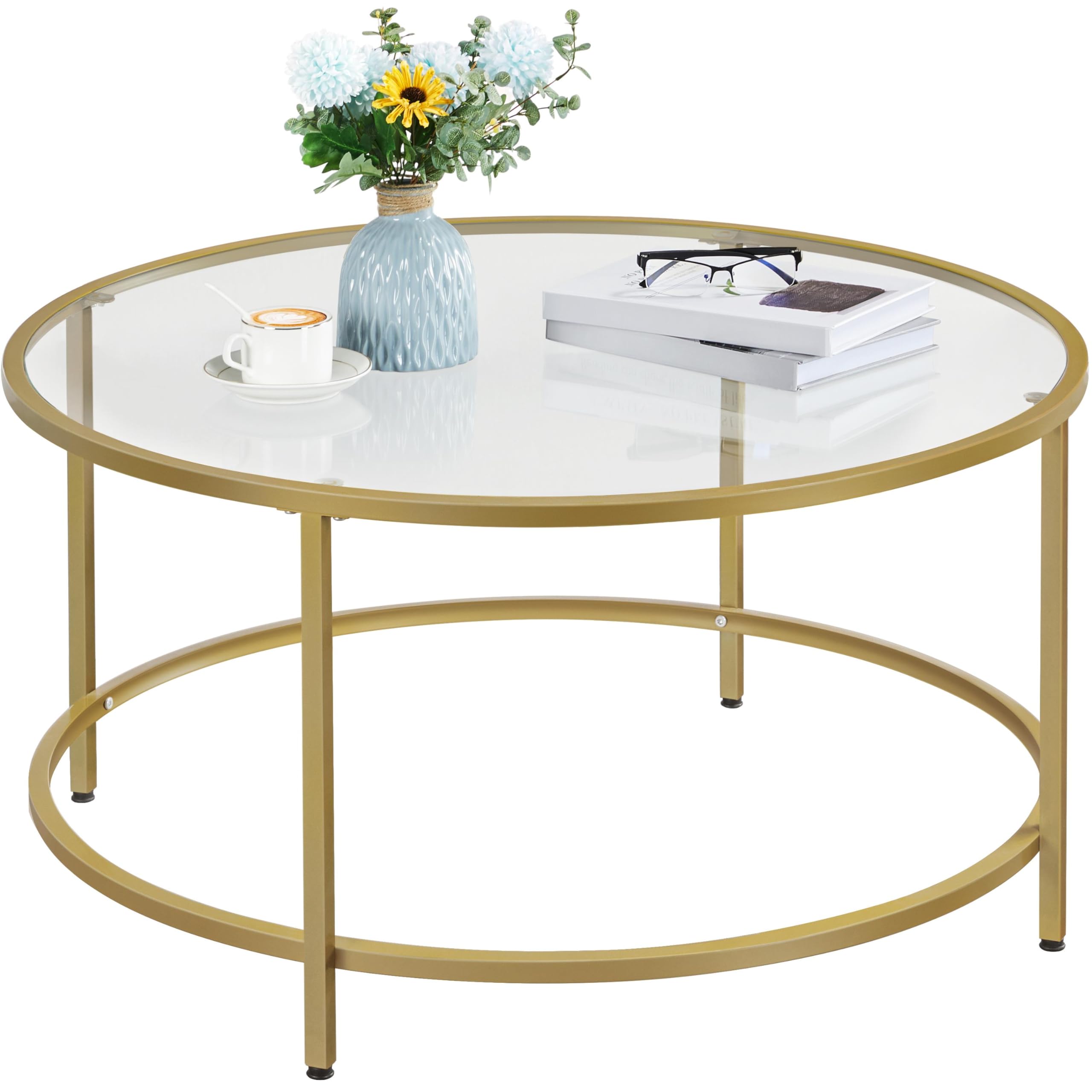 Yaheetech Gold Glass Coffee Table for Living Room, 36 Round Glass Coffee Table with Metal Frame, Circle Coffee Table for Home, O