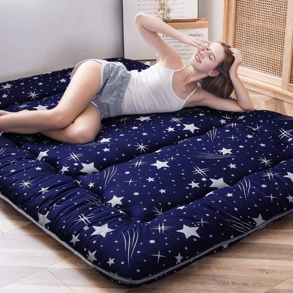 MAXYOYO Navy Starry Sky Japanese Floor Futon Mattress, Tatami Floor Mat Portable Camping Mattress Sleeping Pad Foldable Roll Up 