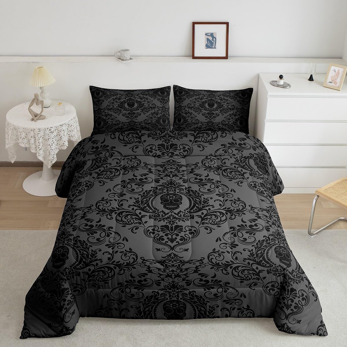 Feelyou Adults Black Vintage Damask Floral Comforter Set Oriental Antique Comforter King Size Gothic Bohemia Boho Bedding Set Ex
