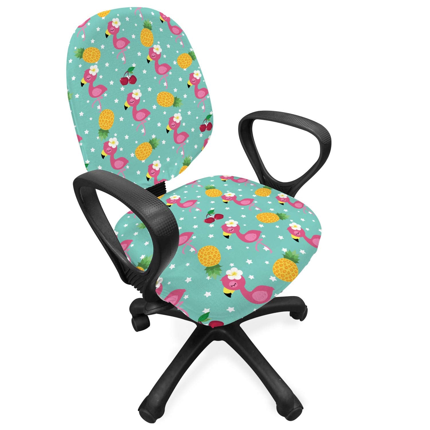 Ambesonne Nursery Office Chair Slipcover, Exotic Baby Flamingos Pineapple and Cherry Branches on Stars Backdrop Print, Protectiv