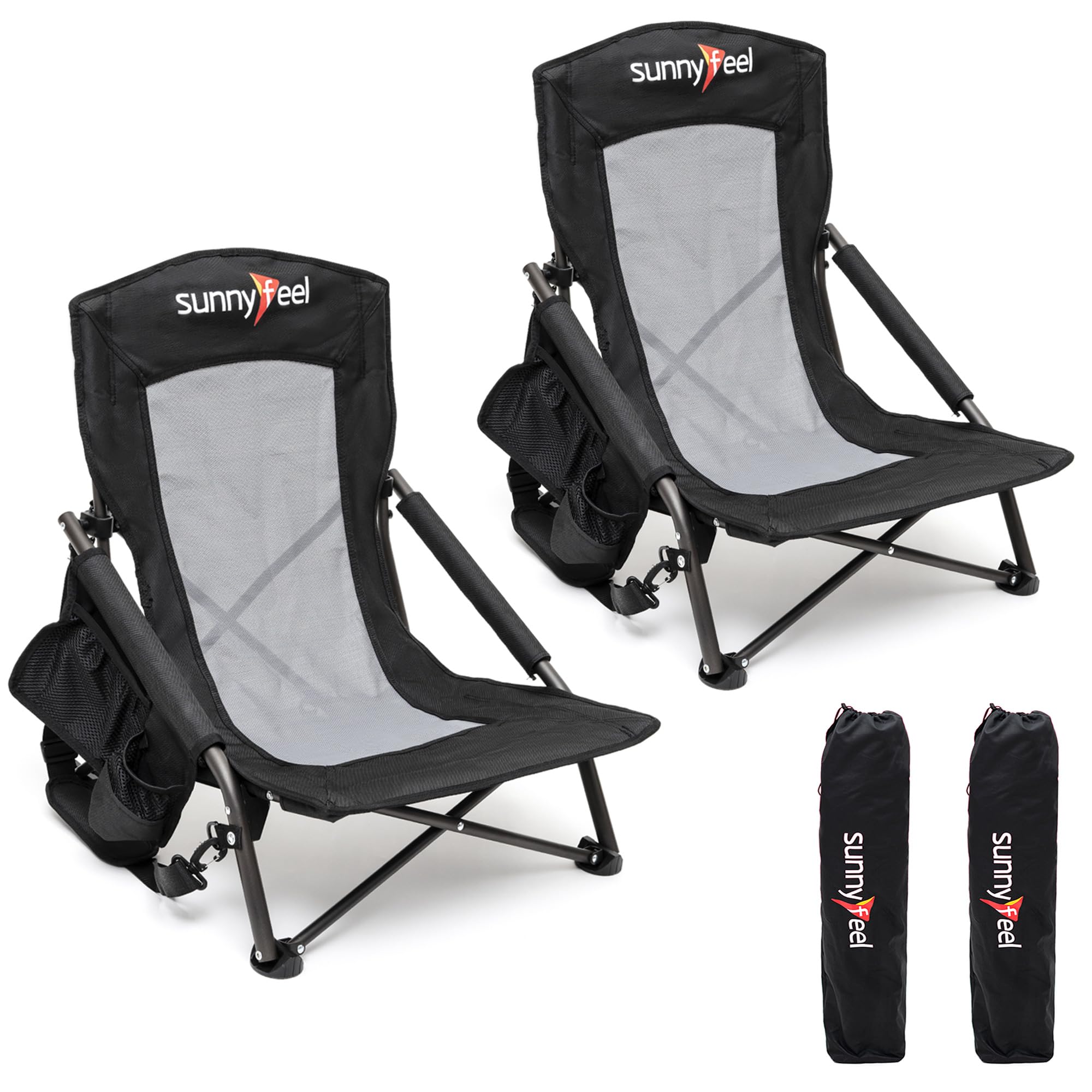 SUNNYFEEL Folding Low Camping Beach Chair 2 Pack, Lightweight Portable Lawn Chair with Mesh Back, Cup Holder for Outdoor/Travel/