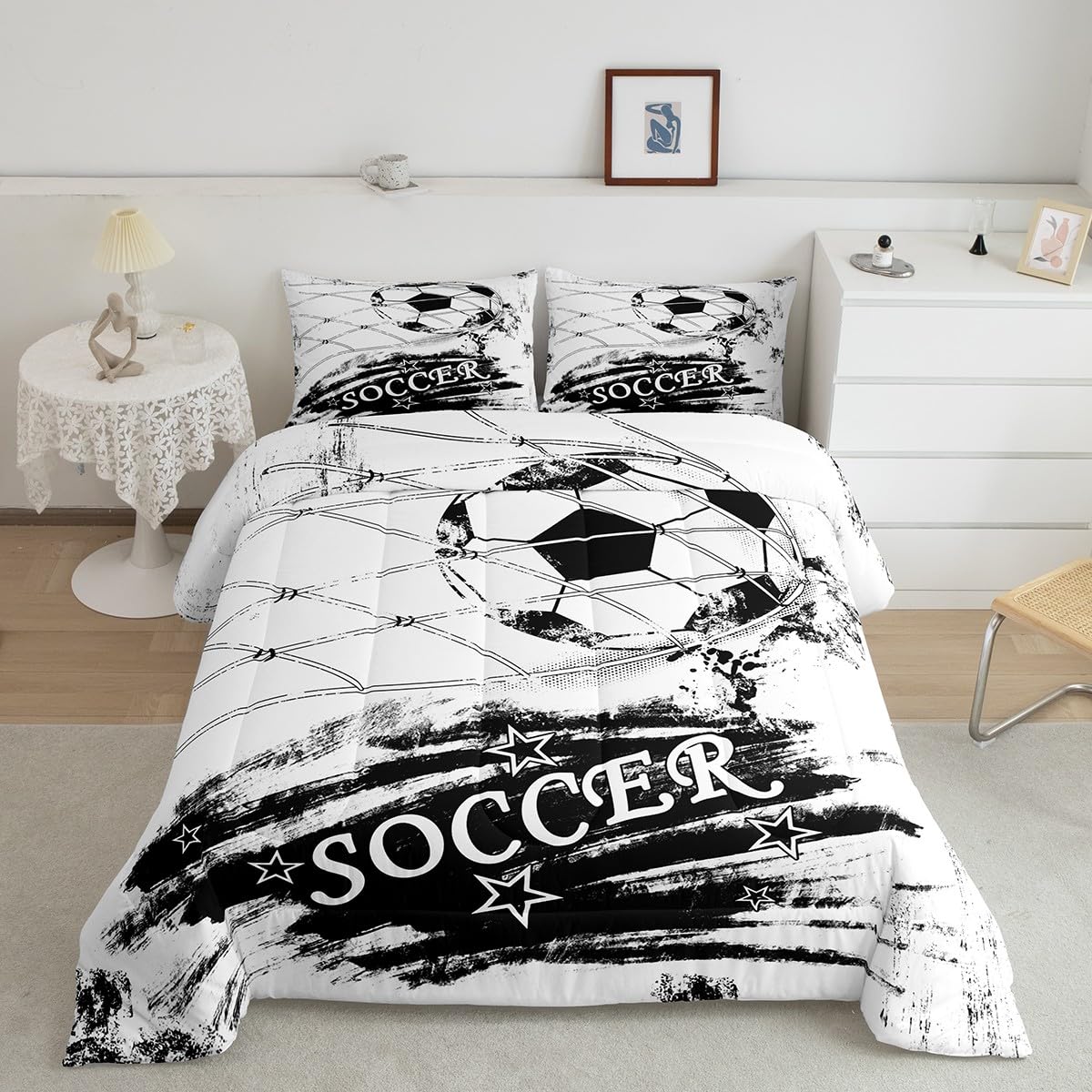Feelyou Football Comforter Set Kids Graffiti Bedding Set Black White Comforter for Women Men Room Decor Lightweight American Qui