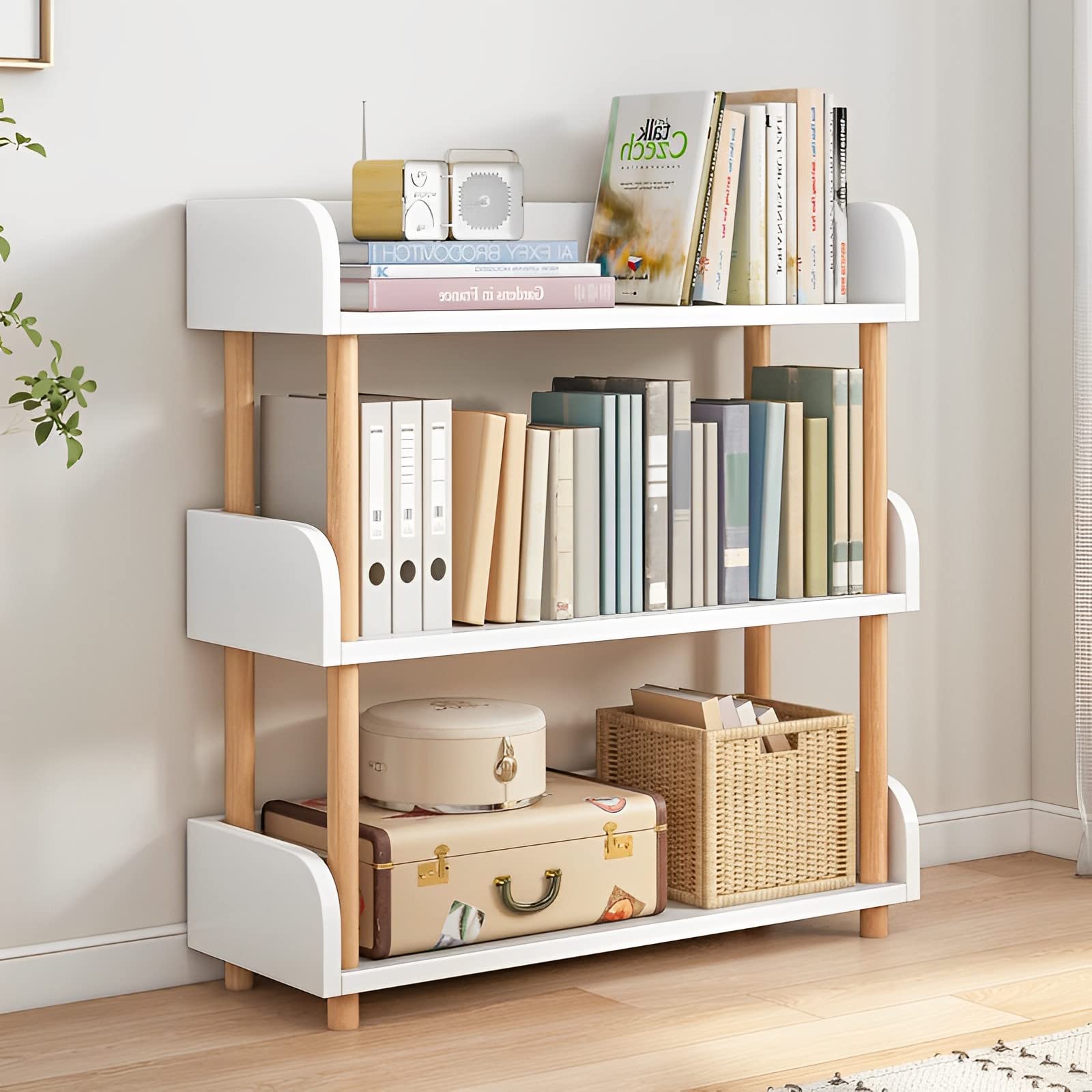 OSCHF 3-Tier Wooden Open Bookcase - Modern Display Bookshelf with Top Edge and Solid Wood Frame for Home and Office, Storage Cab