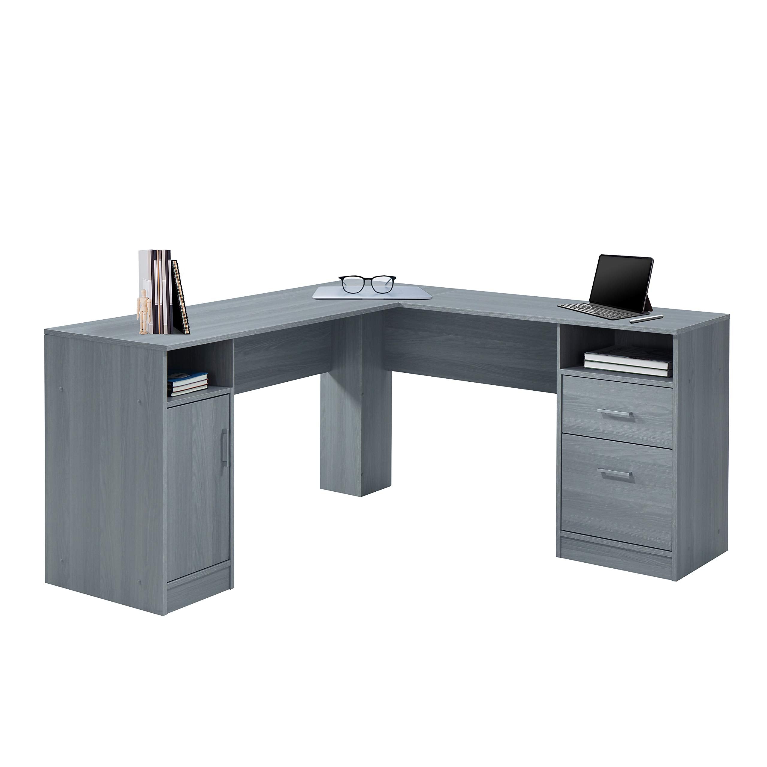Techni Mobili Functional L-Shaped Computer Desk with storage, L is 59.5 wide x 59.5 Long, Grey