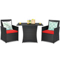 Tangkula 3 Pieces Patio Dining Set, Space-Saving PE Rattan Bistro Set with Tempered Glass Top Table and Cushioned Chairs, Outdoo
