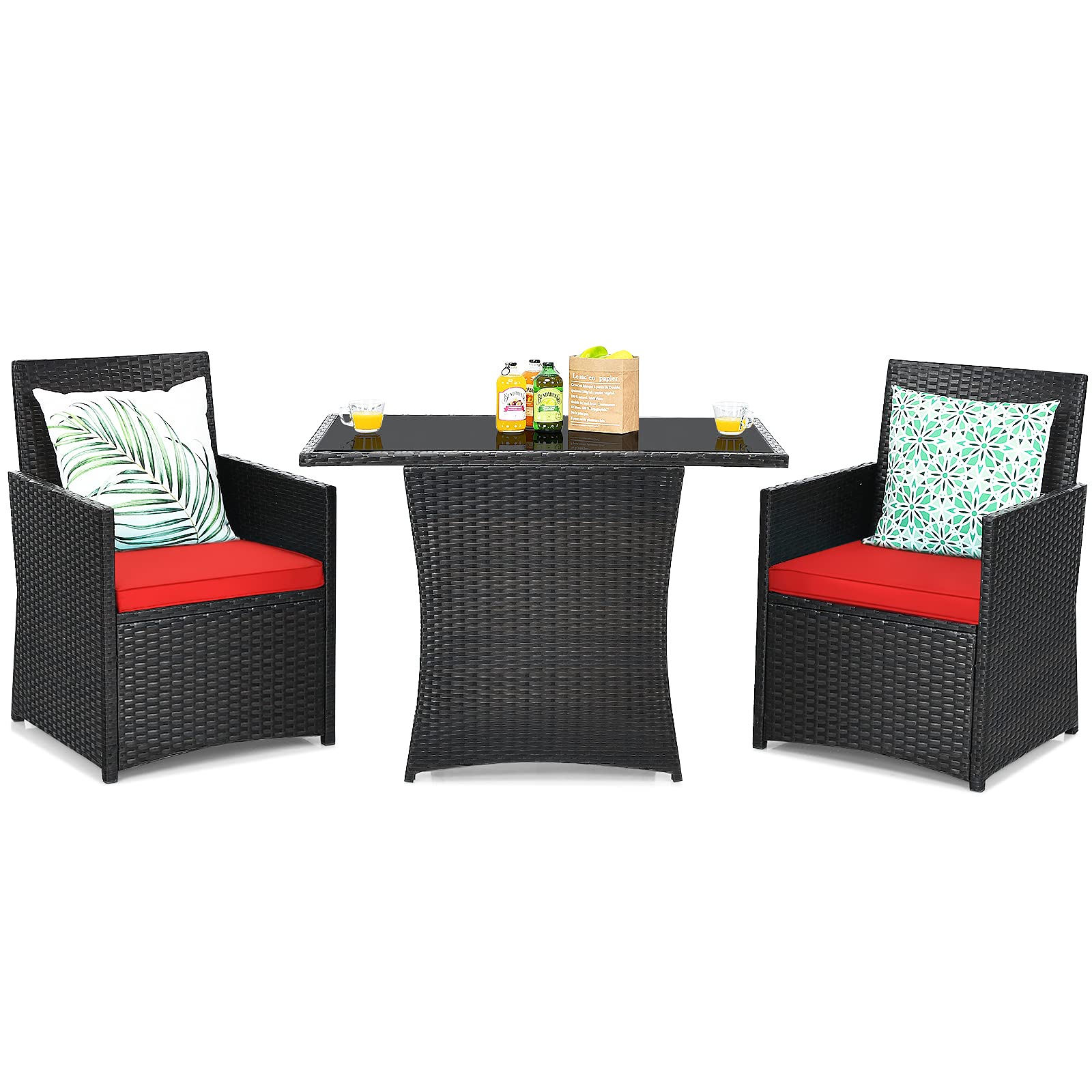 Tangkula 3 Pieces Patio Dining Set, Space-Saving PE Rattan Bistro Set with Tempered Glass Top Table and Cushioned Chairs, Outdoo