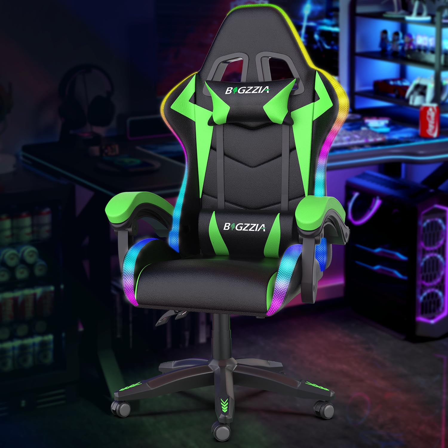 Bigzzia Gaming Chair with RGB LED Lights, High Back Ergonomic Computer Gamer Chair with Headrest and Lumbar Support, Racing Styl