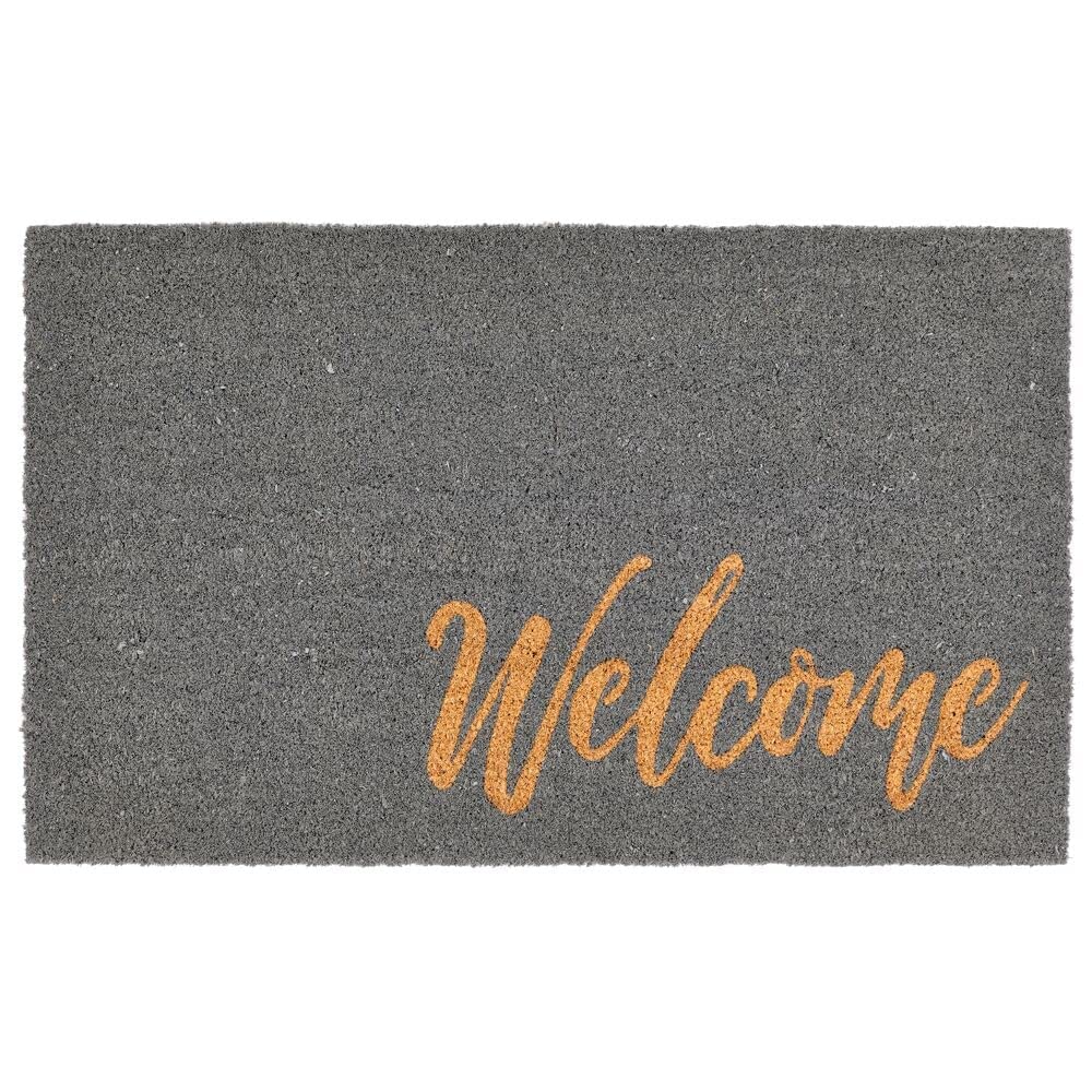 mDesign Rectangular Coir and Rubber Entryway Welcome Doormat with Natural Fibers for Indoor or Outdoor Use - Decorative Script W