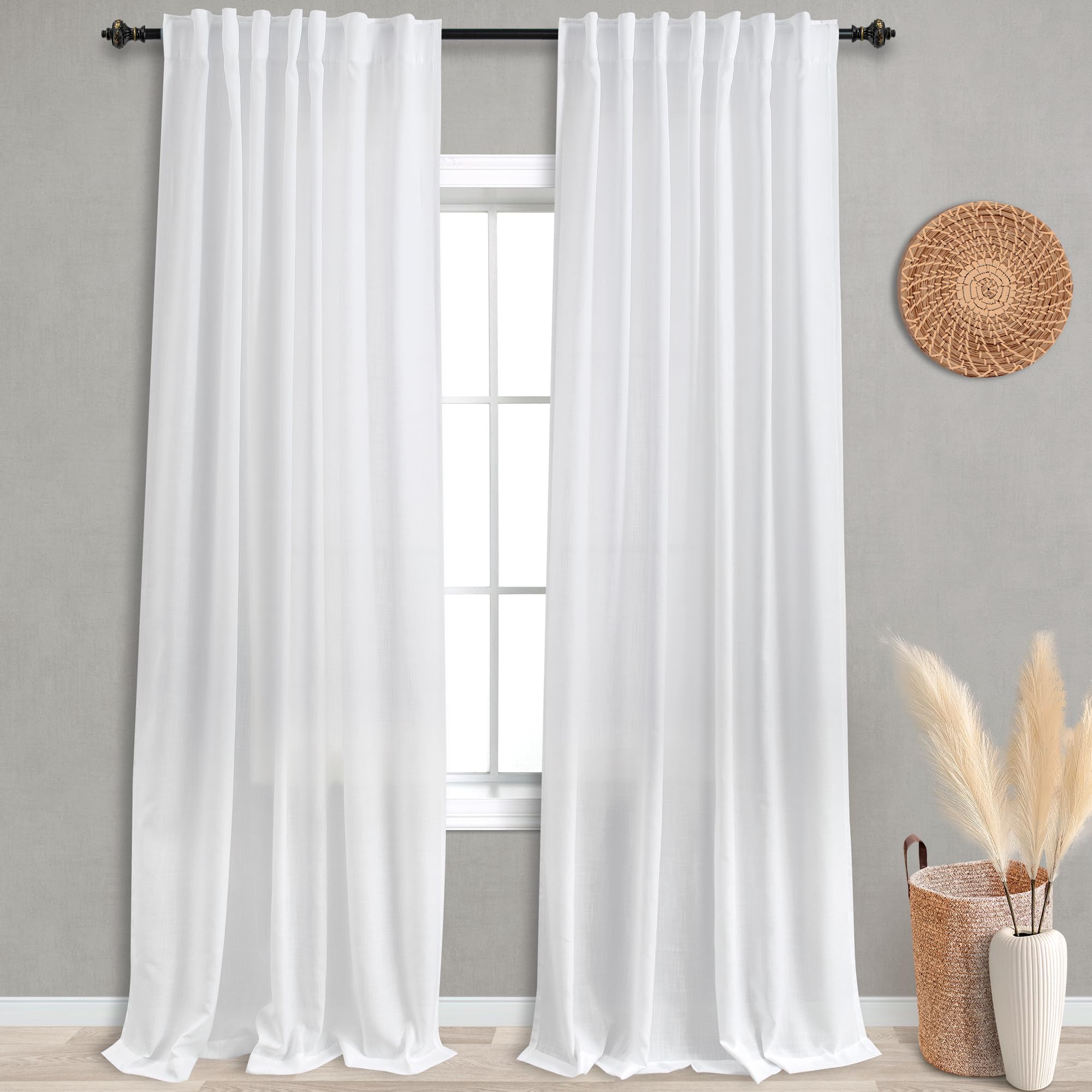 KOUFALL White Linen Sheer Curtains Drapes 96 Inches Long 2 Panels for Living Room 96 Inch Length Semi Light Filtering Curtains f