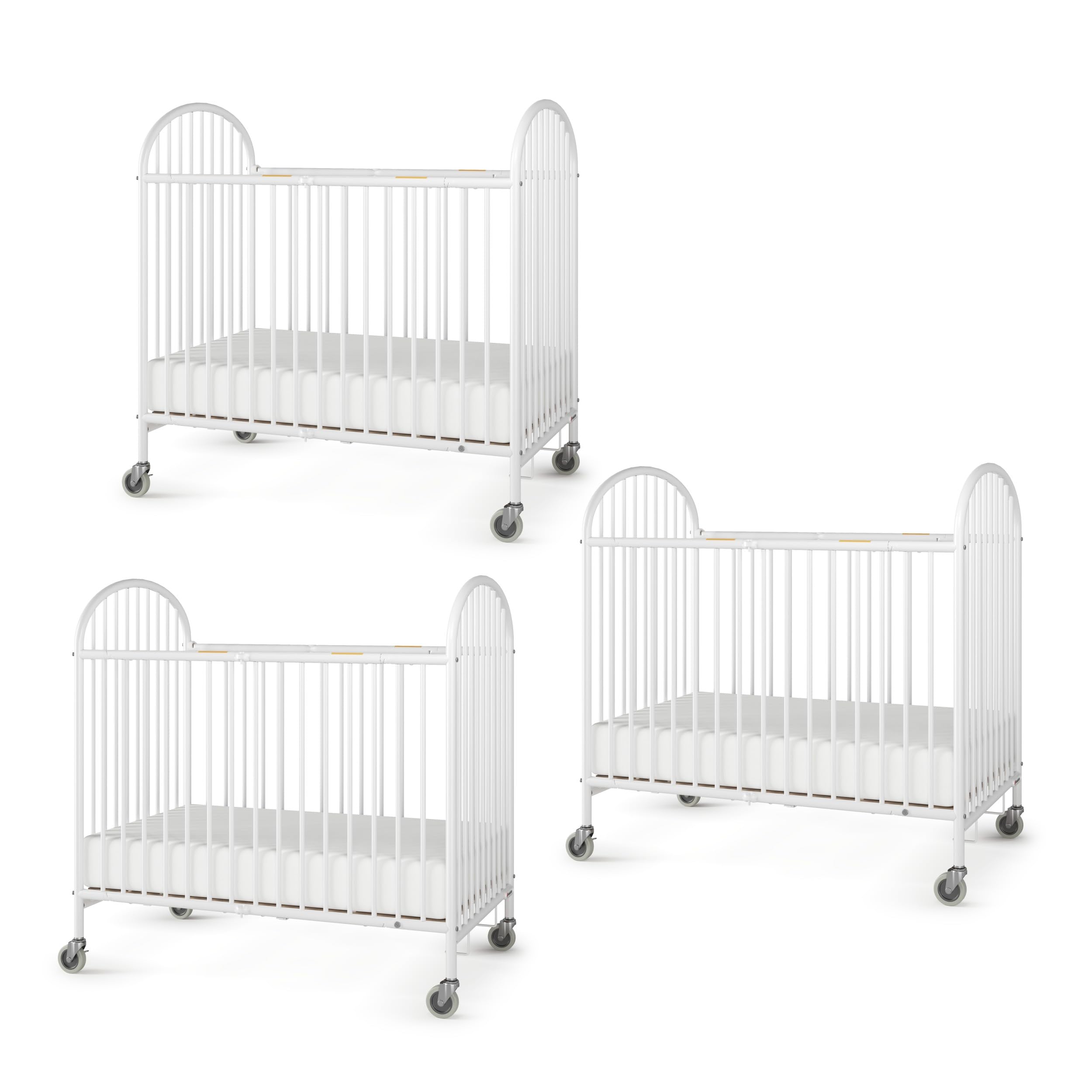 Foundations Pinnacle Metal Compact Folding Crib 3 Pack for Hotels, Foam Mattress Included and Commercial Grade 3 Casters (White)
