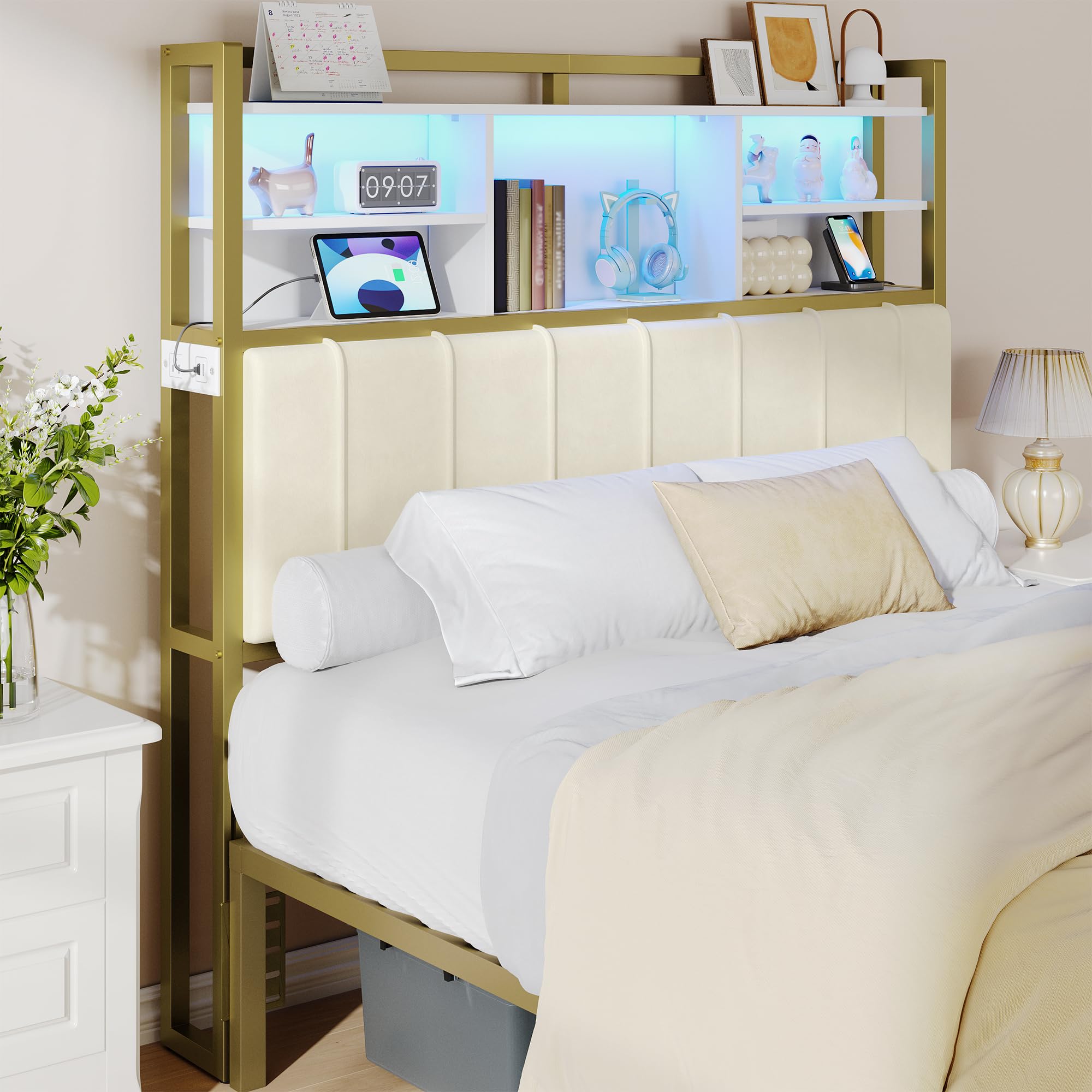 Hzuaneri Headboard with 3-Tier Storage Shelves, Velvet Upholstered Head Board with 2 Outlets, USB Ports & LED Light, Soft Backre