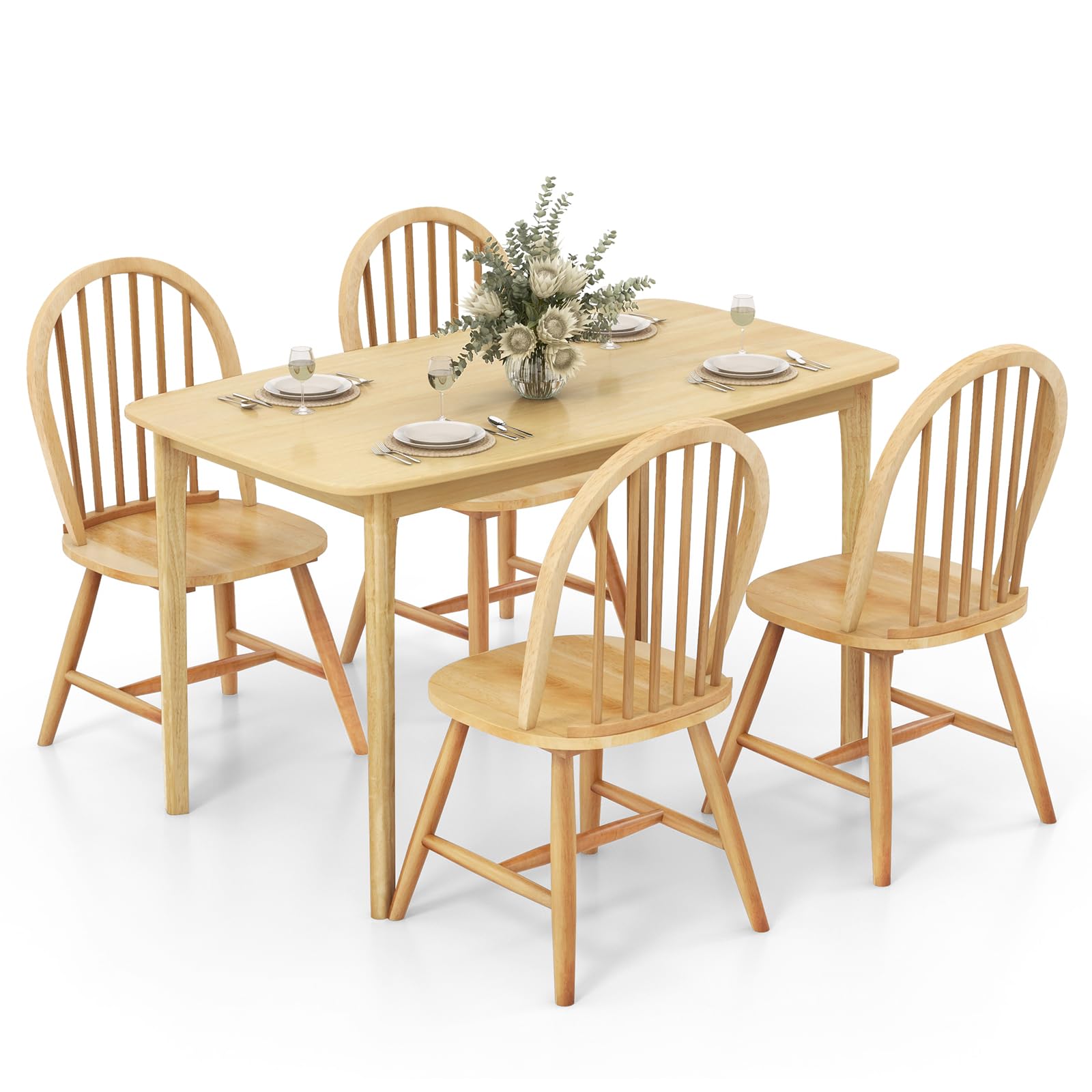 Giantex 48 L Wooden Dining Table Set for 4, 5PCS Rectangular Kitchen Table Set w/Rubber Wood Supporting Legs, Farmhouse Dinner T