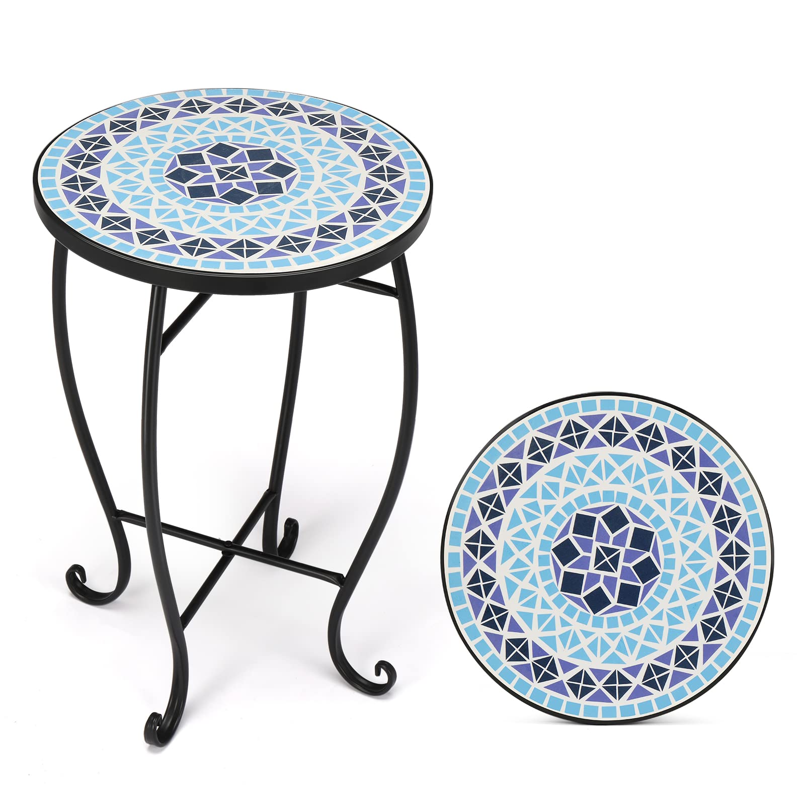 VINGLI Mosaic Outdoor Side Table, 14  Round End Table, Accent Table, Plant Stand Ideal for Pool Side, Porch, Patio, Deck or Sofa