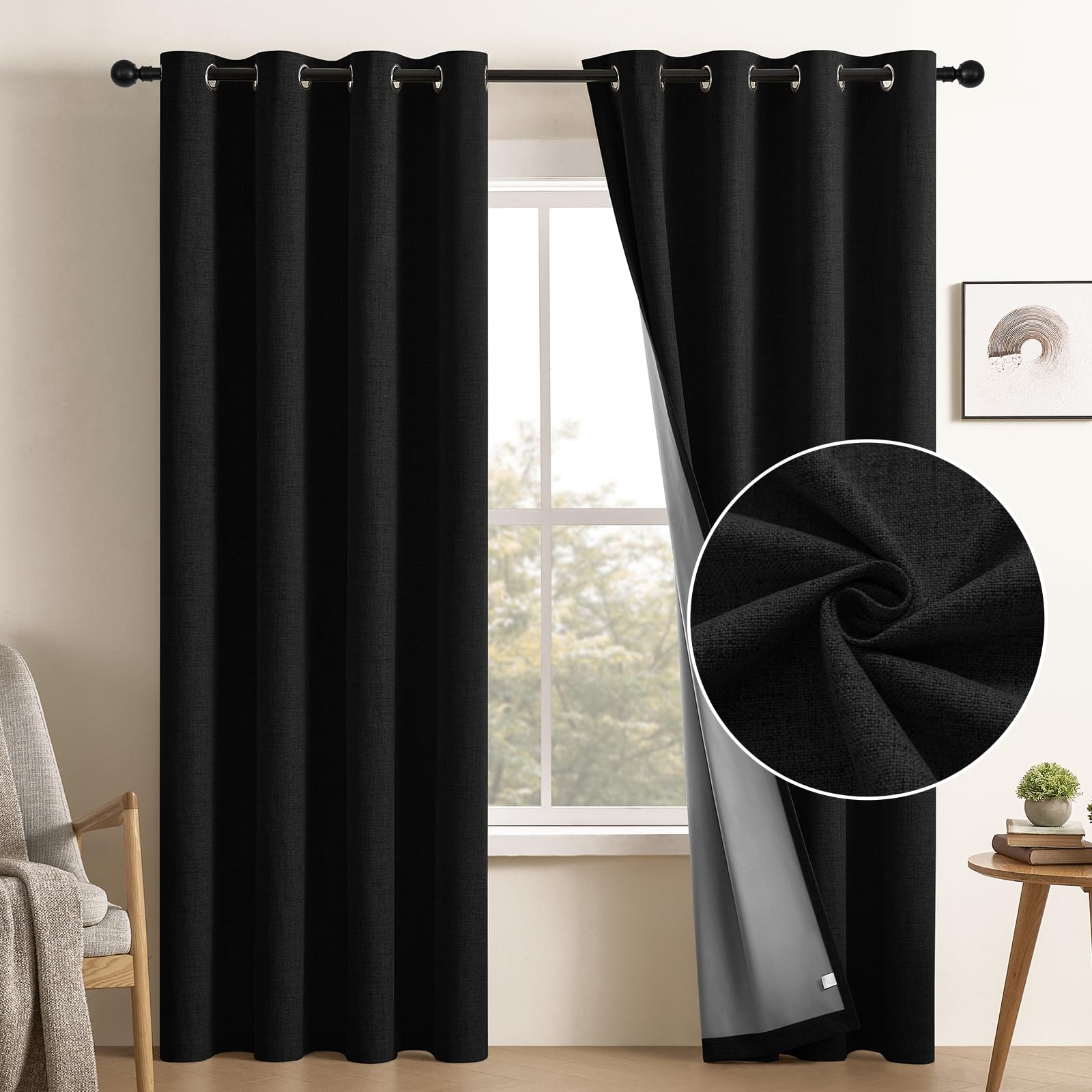 CUCRAF 100% Total Blackout Curtains 72 Length for Window Treatment, Faux Linen Thermal Insulated Grommet Drapes for Bedroom/Livi