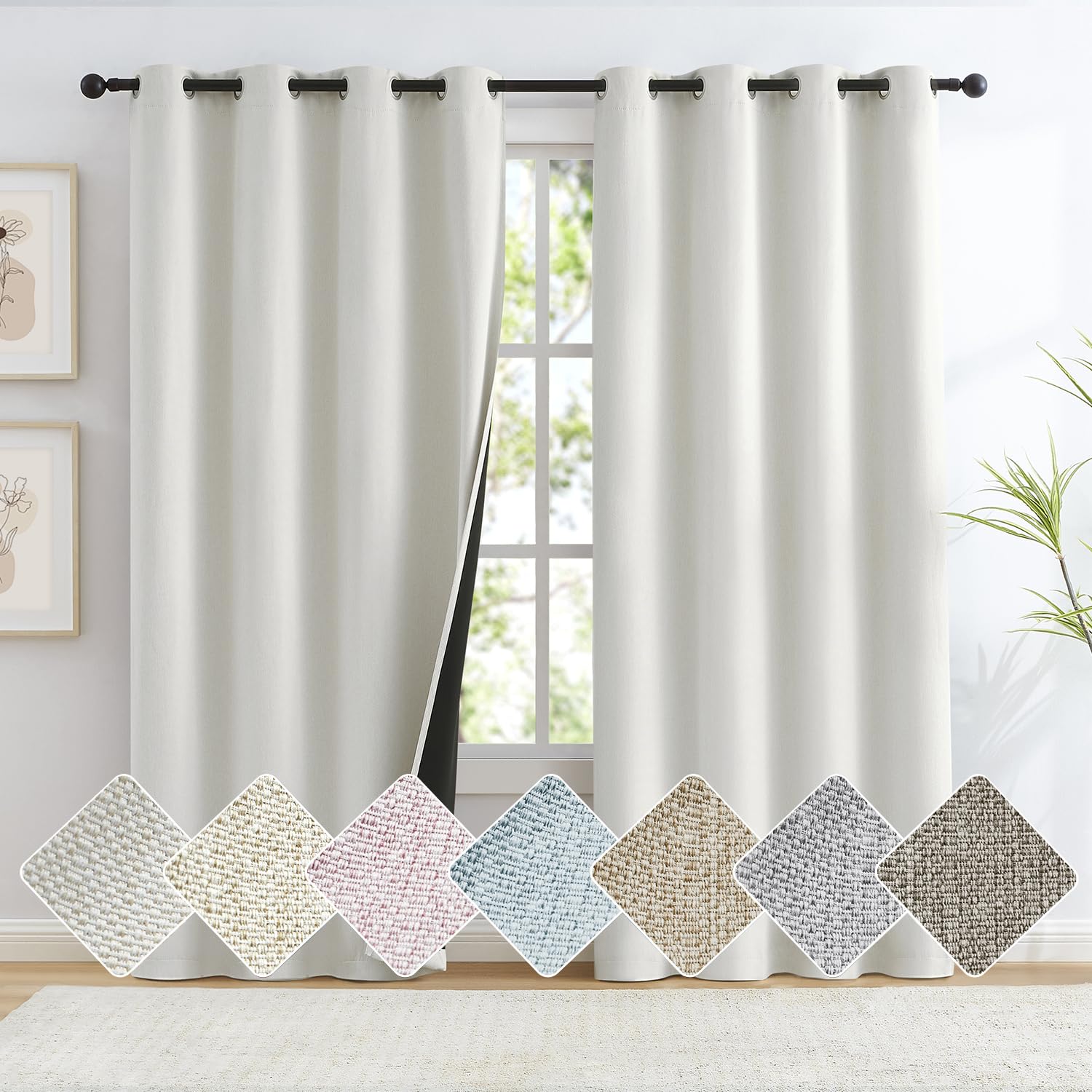 Linen White Full Blackout Curtains for Bedroom, Vintage Burlap Textured Look Window Treatment Set Energy Efficient Thermal Insul