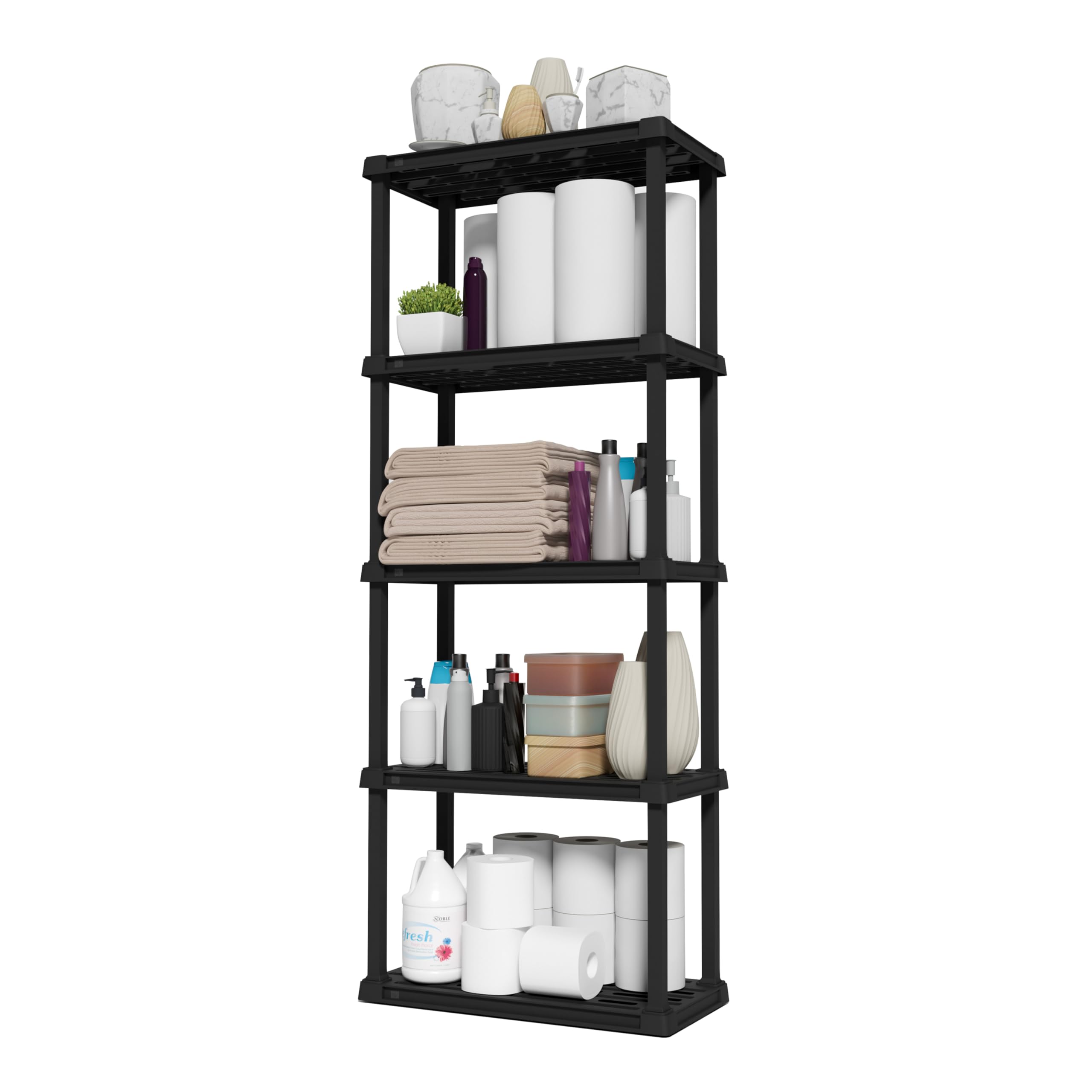 IRIS USA 5-Shelf Light Duty Plastic Storage Shelves, 250lb Capacity, 64H x 24W x 12D, Medium Modular Shelving Unit Storage Organ