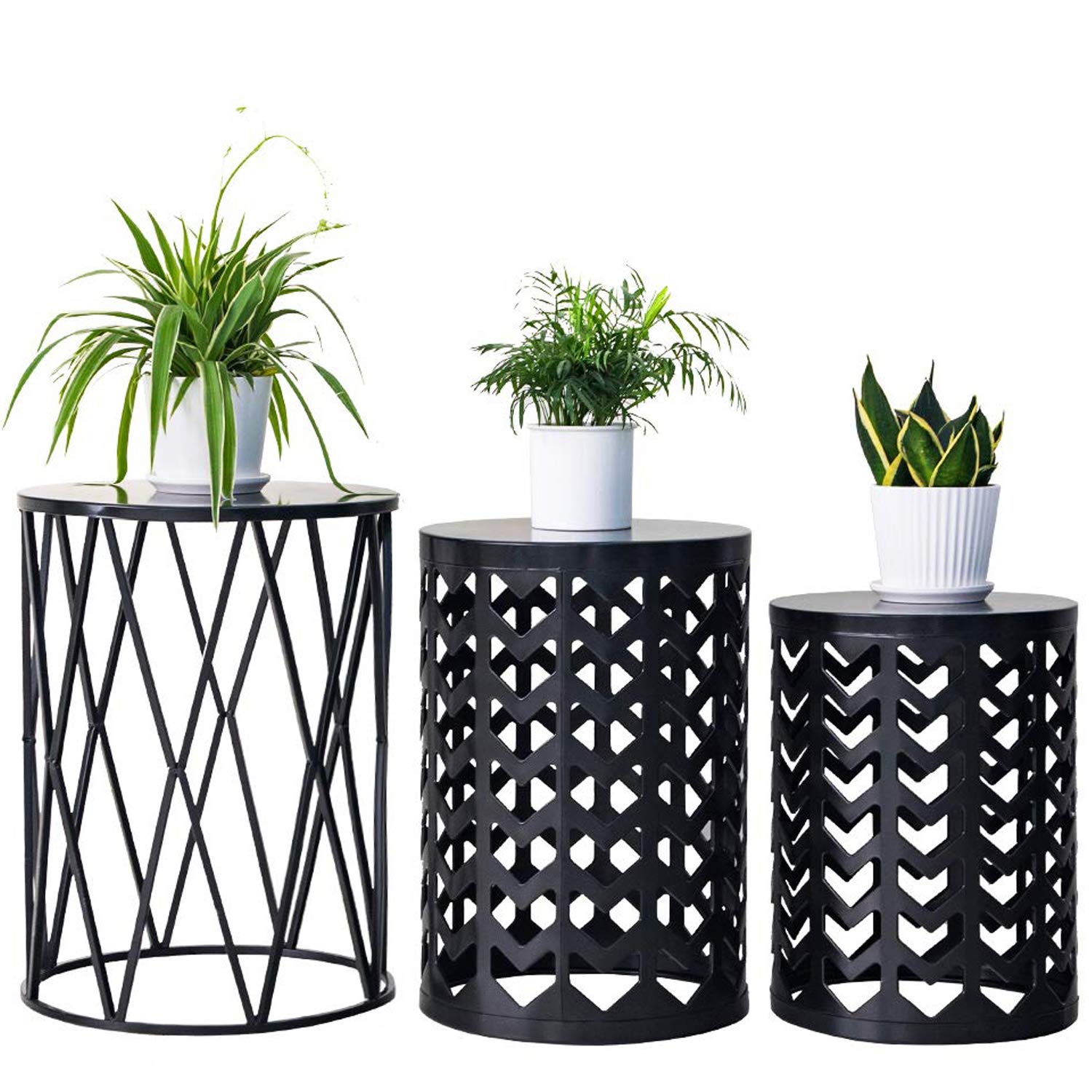 HFHOME Multifunctional Nesting Round Metal Coffee End Tables, Set of 3 Modern Furniture Nightstands Decor Side Tables Plant Stan