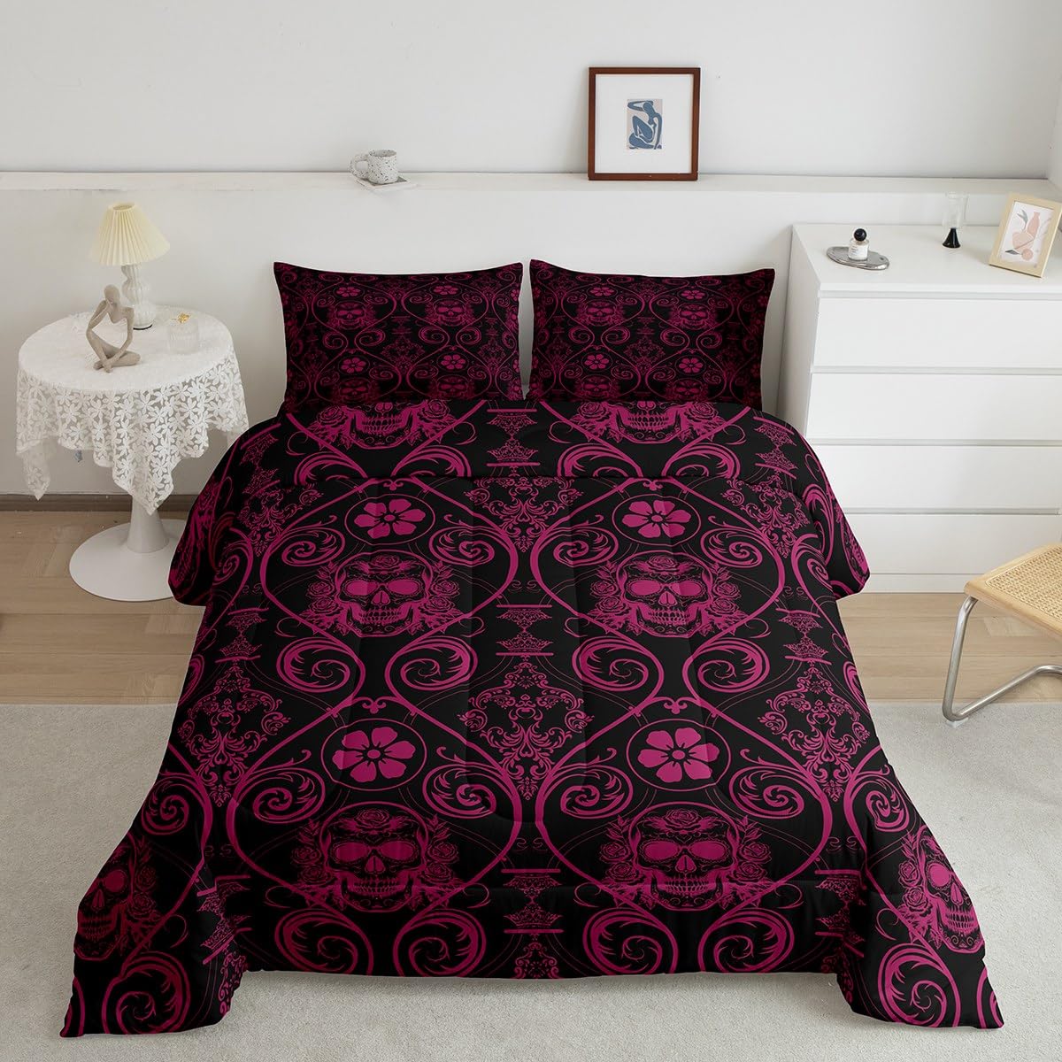 Feelyou Adults Pink Vintage Damask Floral Comforter Set Oriental Antique Comforter Queen Size Exotic Sugar Skull Rose Bedding Se