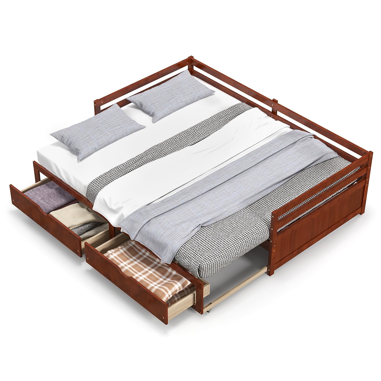 KOMFOTT Wood Daybed with Trundle, Extendable Twin to King Daybed Frame with 2 Storage Drawers, Space Saving Dual-use Sofa Daybed