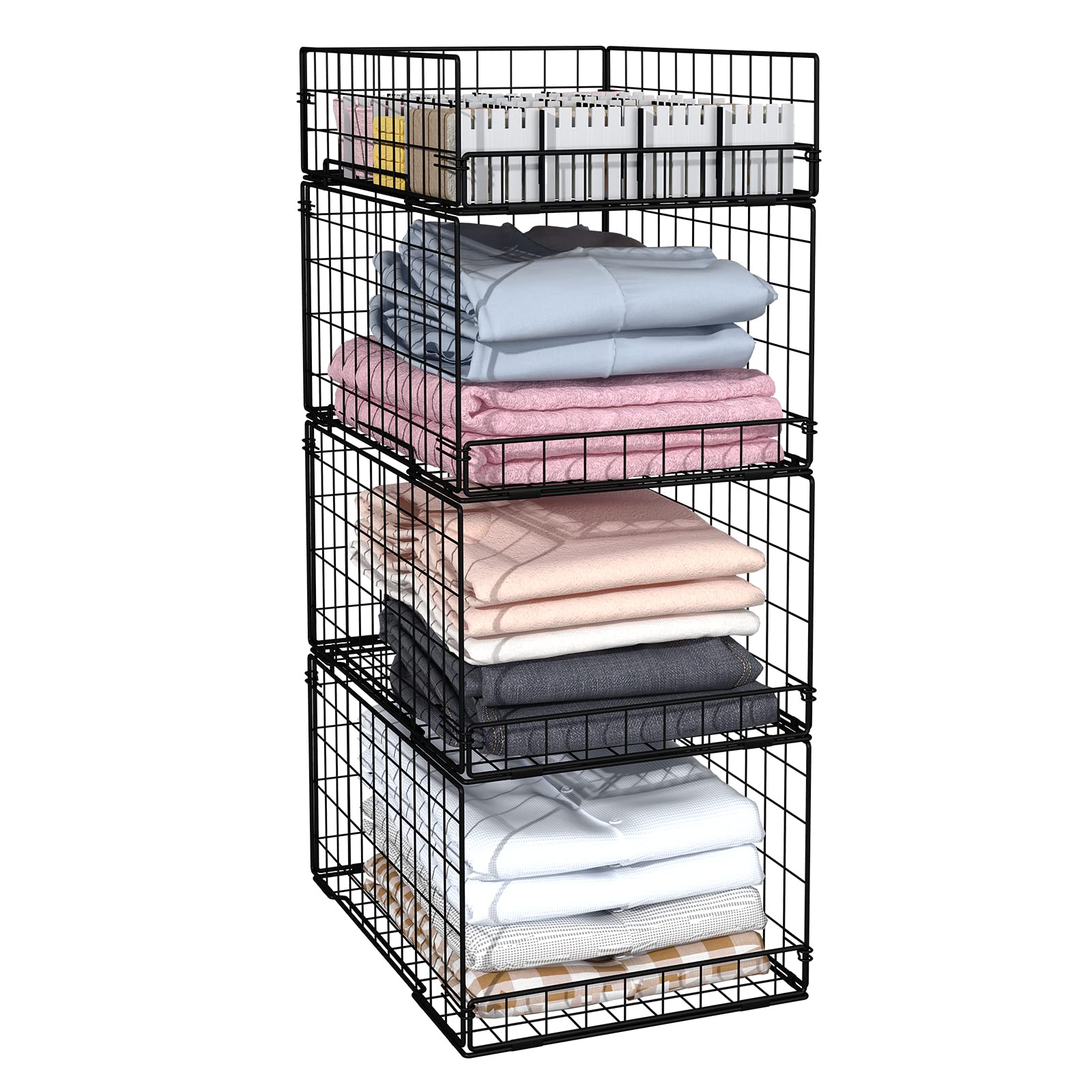 4 Pack Closet Organizers and Storage Shelves for Clothes, 4 Tier Stackable Closet Storage Basket Bin Container for Clothing Swea