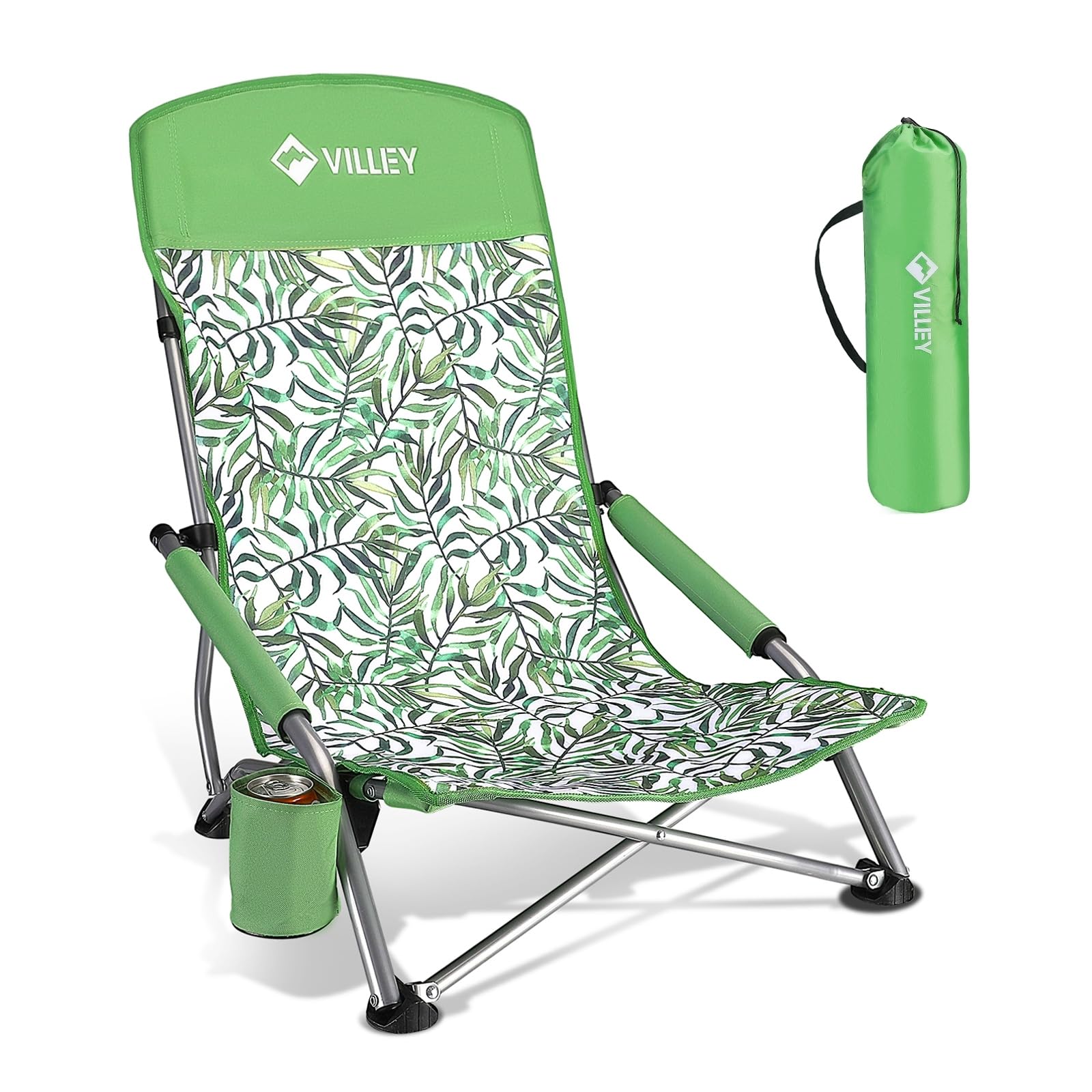 VILLEY Low Beach Chair, High Back Folding Beach Chair for Adults, Lightweight and Portable for Outdoor, Beach, Camping, Lawn, Mu