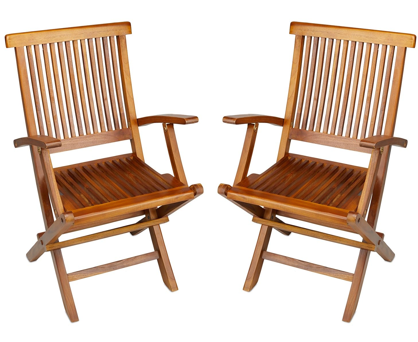 TeakCraft Teak Folding Arm Chair - 2 Piece Foldable Chairs Set - Fully Assembled - Solid Wooden Outdoor, Indoor- Wood Dining Roo
