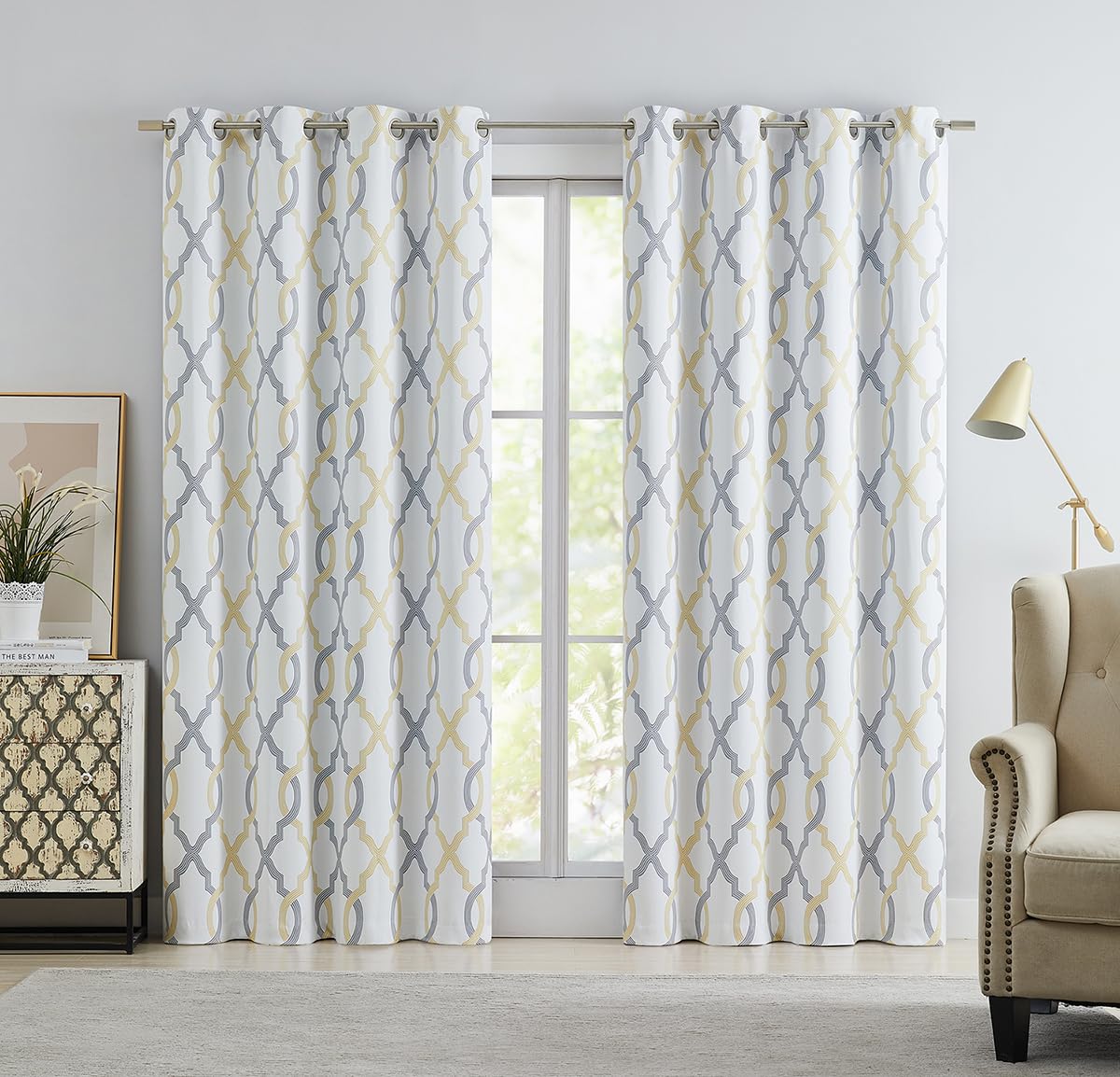 ugoutry Full Blackout Curtains, Yellow Grey Moroccan Tile Curtains 84 Inches Long for Bedroom, Geometric Quatrefoil Pattern Curt