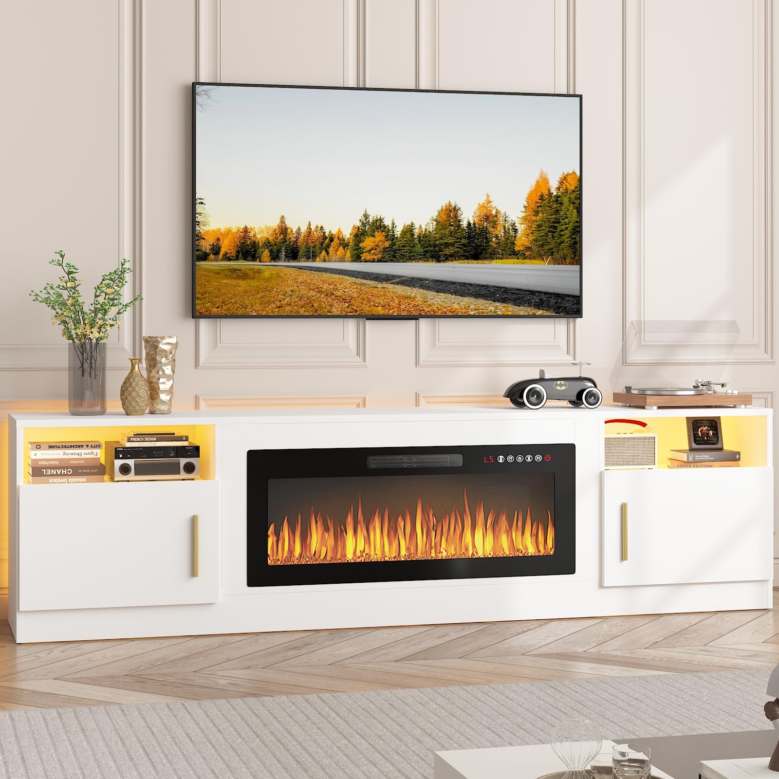 PUKAMI Fireplace TV Stand for TVs Up to 90  TV, TV Stand with 36  Electric Fireplace, Entertainment Center with LED Light,Entert