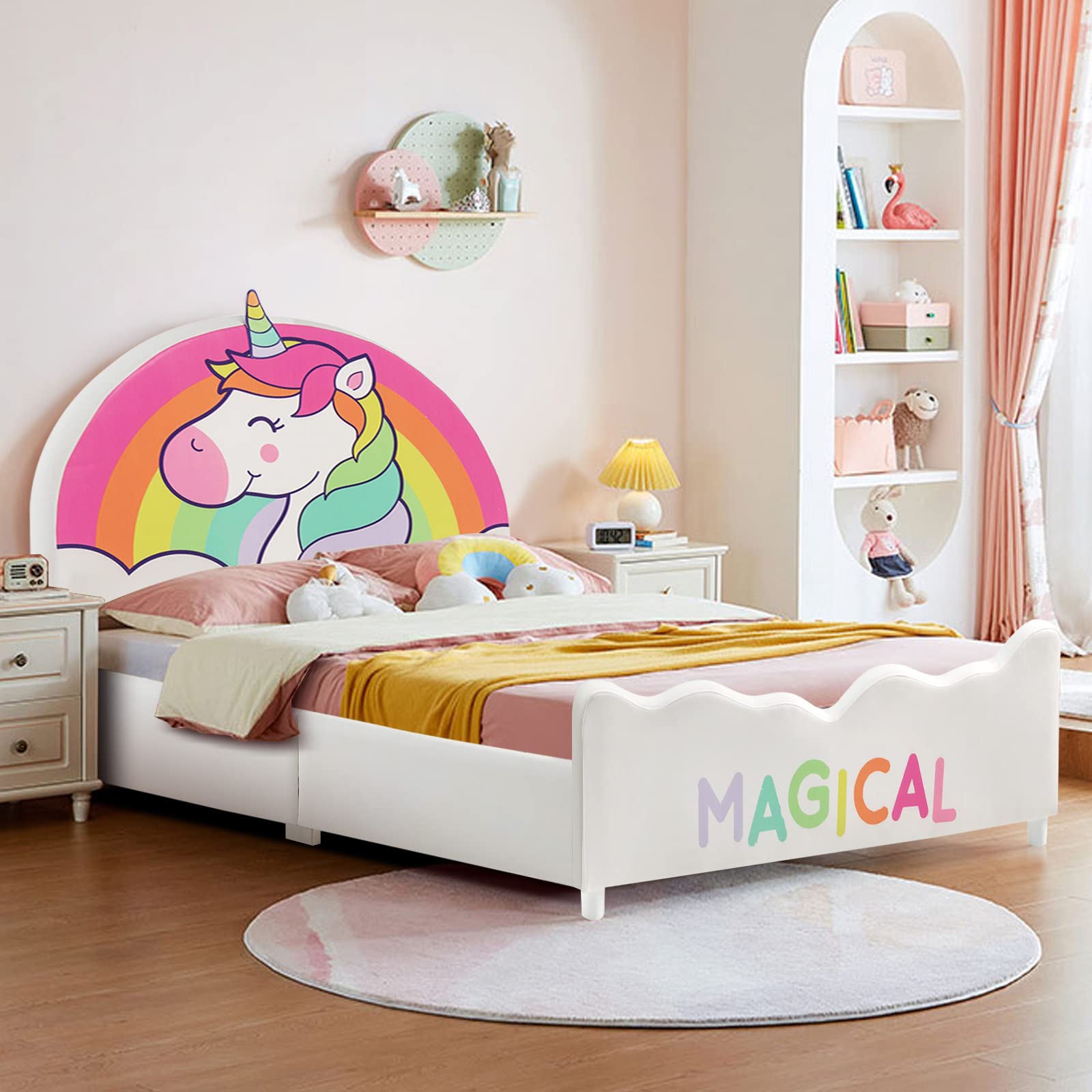 Costzon Twin Bed Frames for Kids, Wood Upholstered Twin Bed Platform with Slat Support, Padded Headboard&Footboard, No Box Sprin