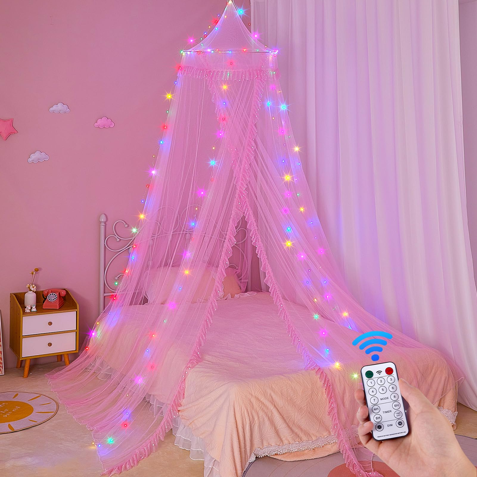 Unicorn Castle Bed Canopy for Girls with Remote Timer Breathable Canopy Bed Curtains with 8 Modes LED Lights Net Canopy for Bed 